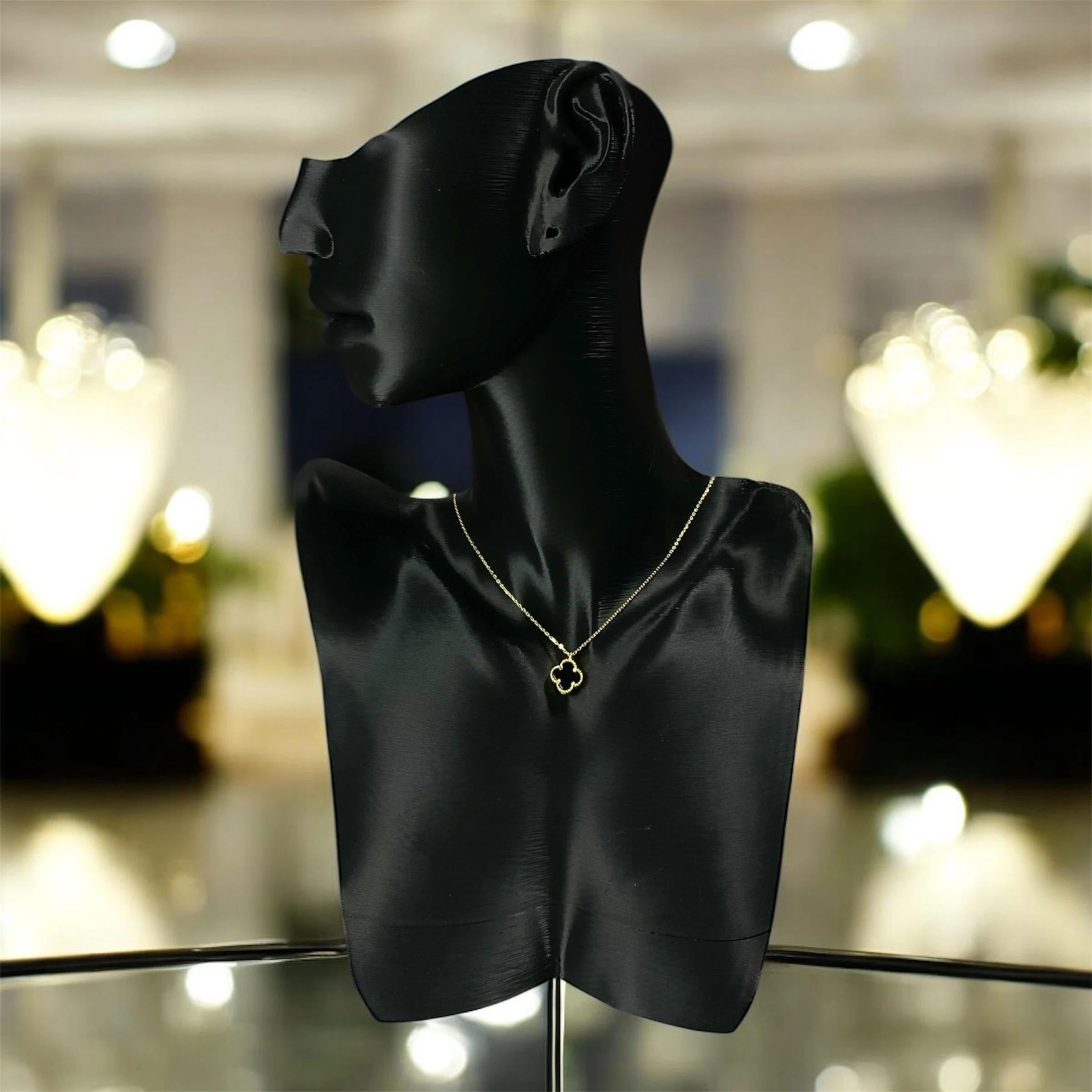 925 Ayar Gümüş  Altın Kaplama Siyah Taşlı Şans Yoncası Van Cleef Minimal Kolye Kadın Takı