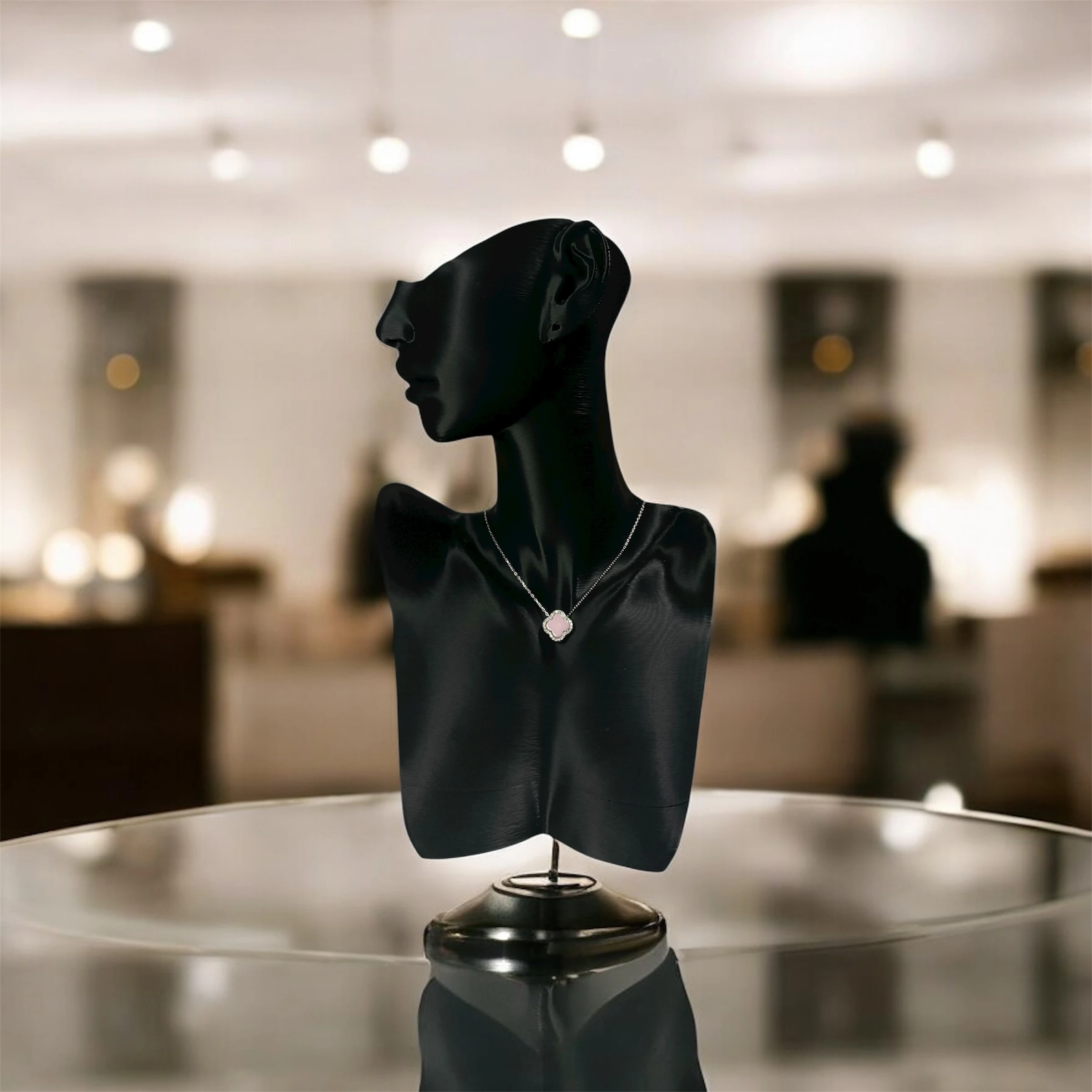 925 Ayar Gümüş Toz PembeTaşlı Şans Yoncası Van Cleef Zirkon Taşlı Kolye Kadın Takı