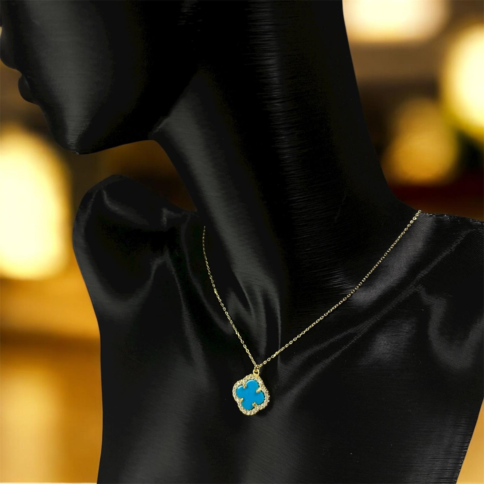 925 Ayar Gümüş Altın Kaplama Gökyüzü Yoncası Van Cleef Zirkon Taşlı Kolye Kadın Takı