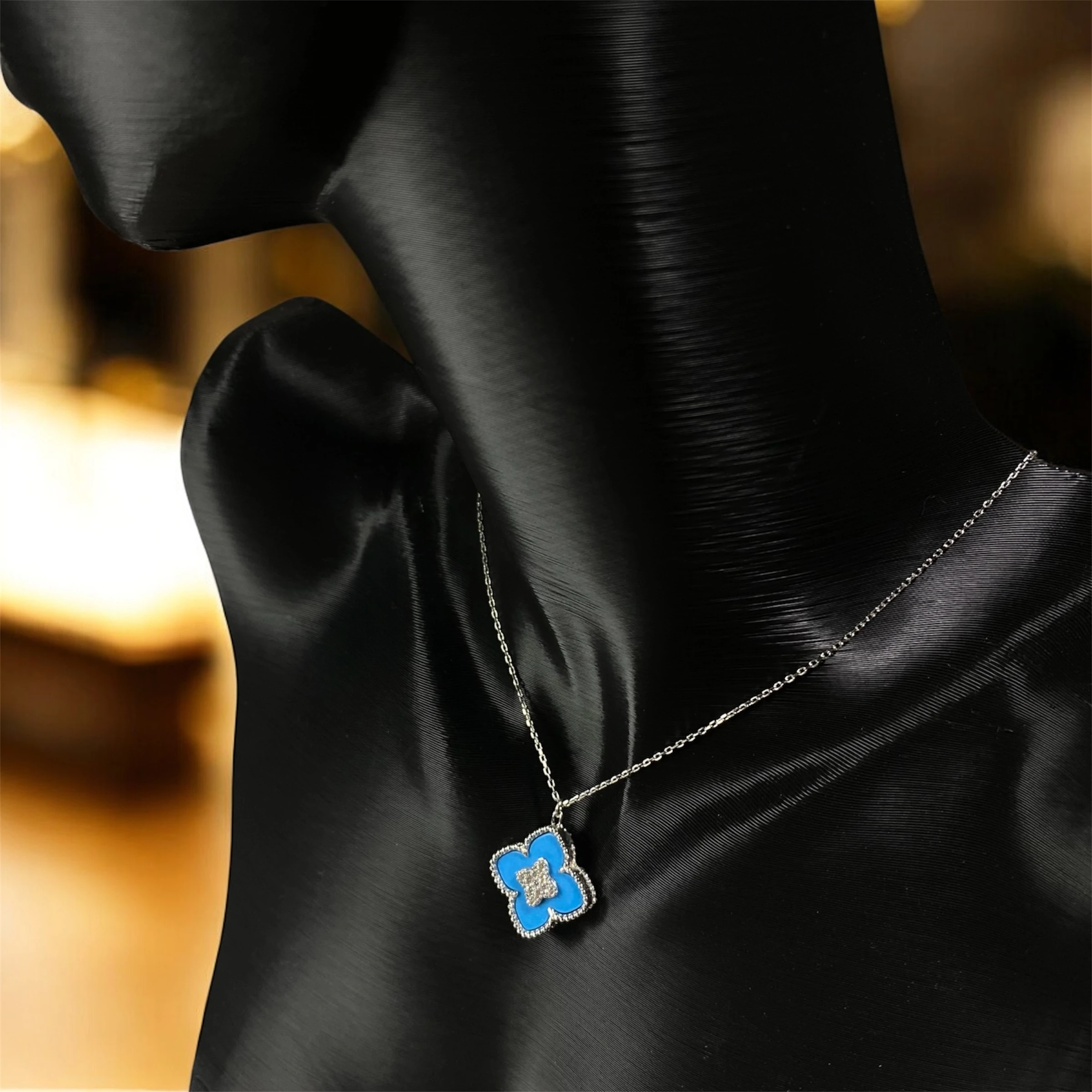 925 Ayar Gümüş Turkuaz Taşlı Şans Yoncası Van Cleef Zirkon Kolye Kadın Takı