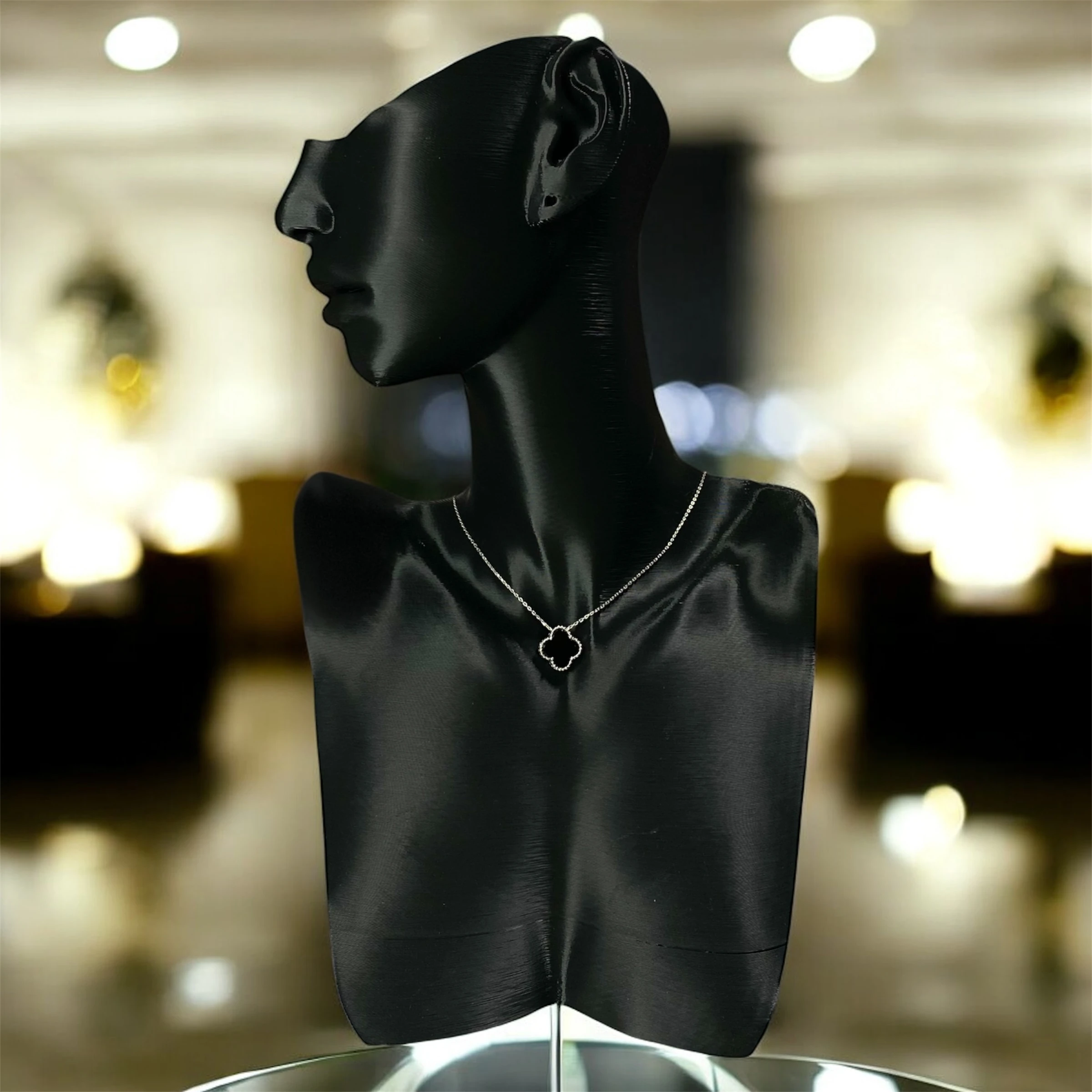 925 Ayar Gümüş Siyah Taşlı Şans Yoncası Van Cleef  Kolye Kadın Takı