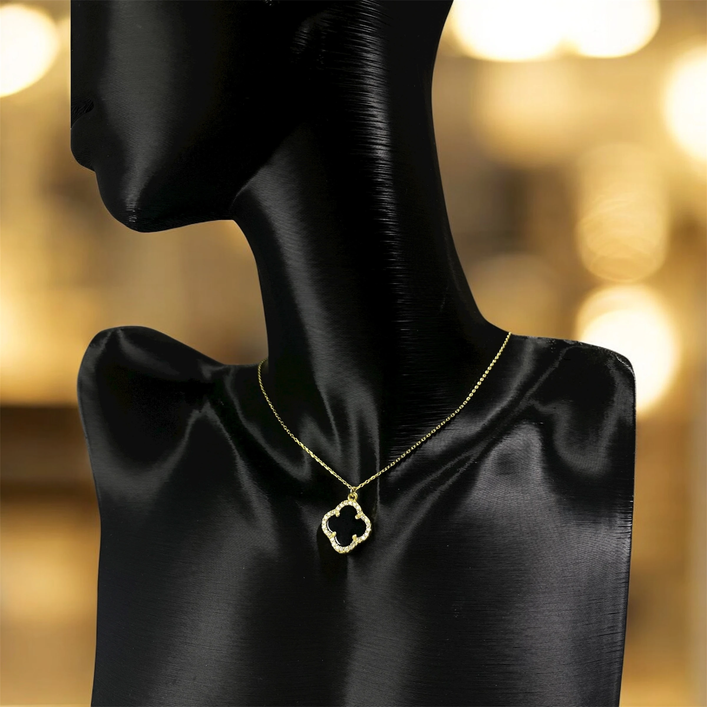 925 Ayar Gümüş Altın Kaplama Siyah Taşlı Şans Yoncası Van Cleef  Kolye Kadın Takı