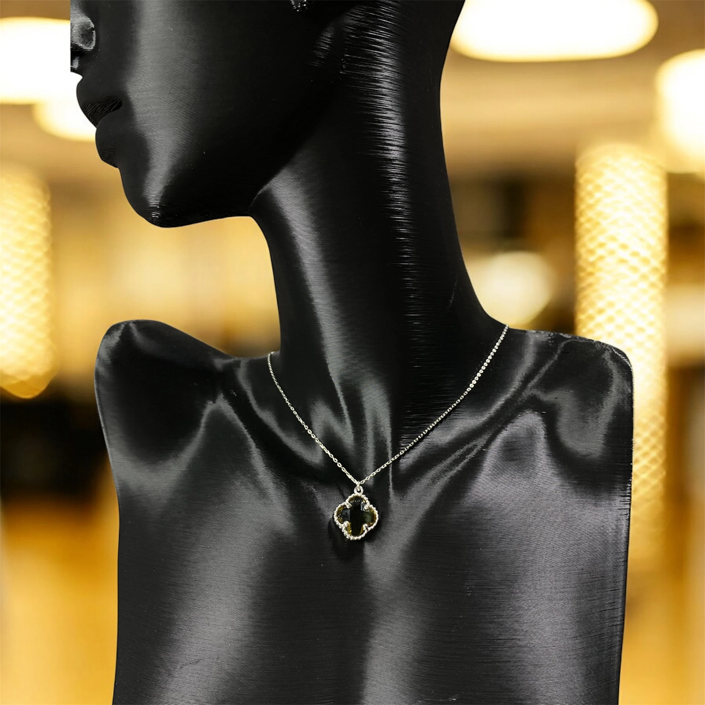 925 Ayar Gümüş  Yeşil Kuvars Taşlı Şans Yoncası Van Cleef  Kolye Kadın Takı