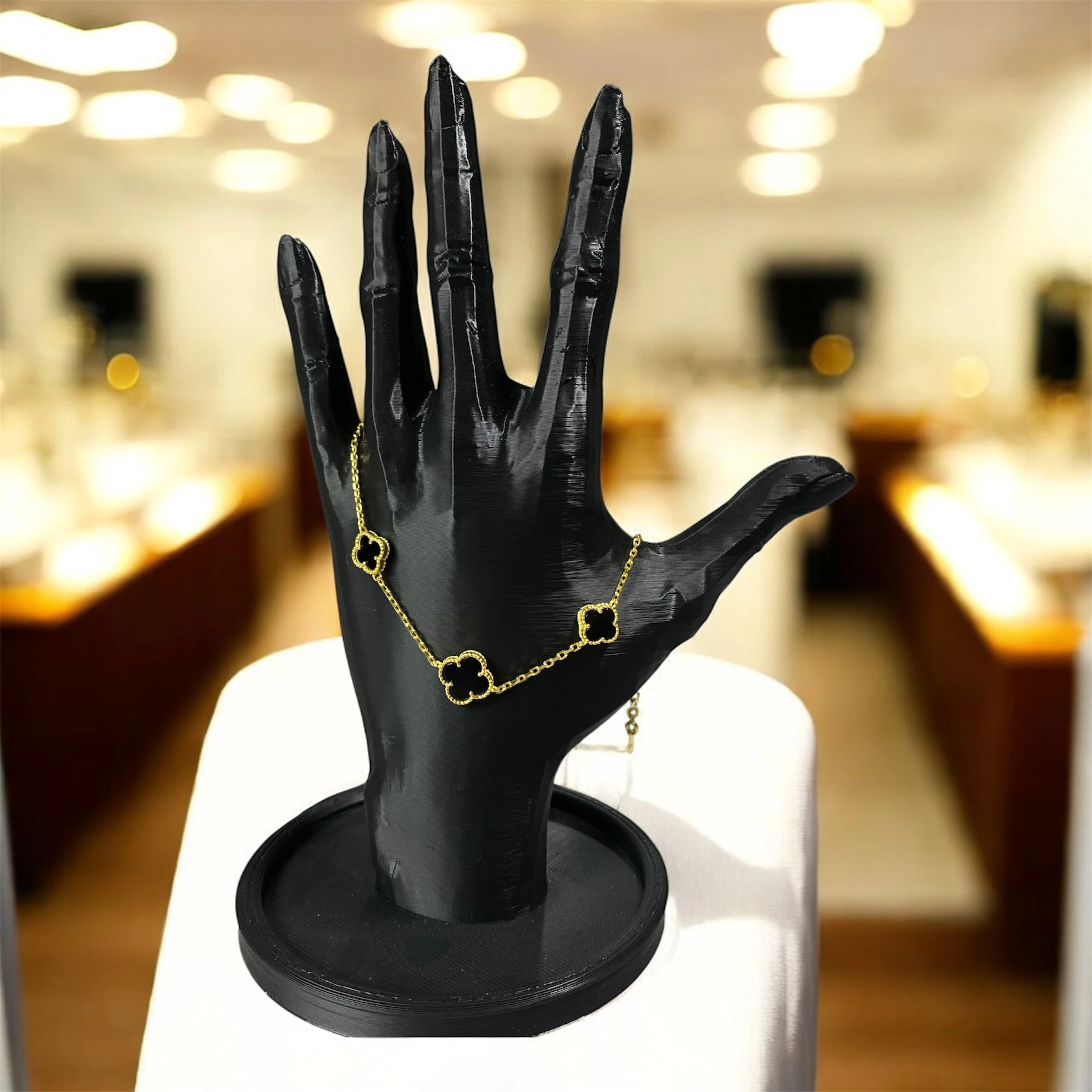 925 Ayar Gümüş Altın Kaplama Siyah Taşlı Şanslı Yonca Van Cleef Minimal Bileklik