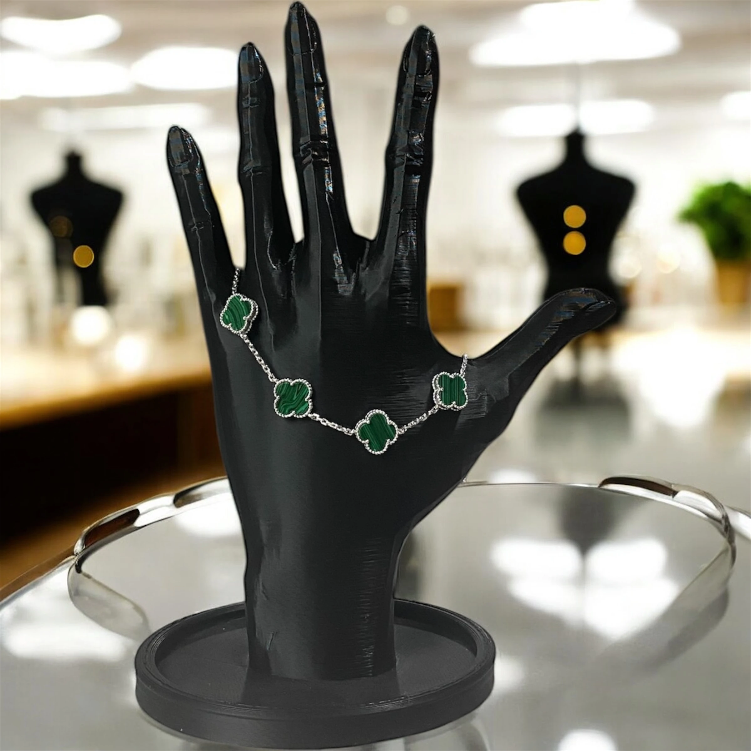 925 Ayar Gümüş Malahit Taşlı Şanslı Yonca Van Cleef Bileklik