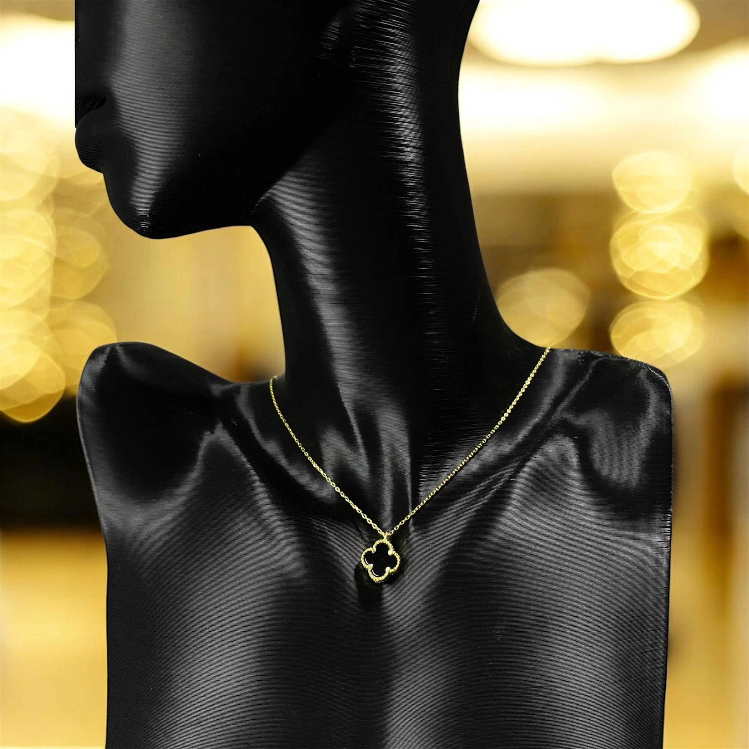 925 Ayar Gümüş  Altın Kaplama Siyah Taşlı Şans Yoncası Van Cleef Minimal Kolye Kadın Takı