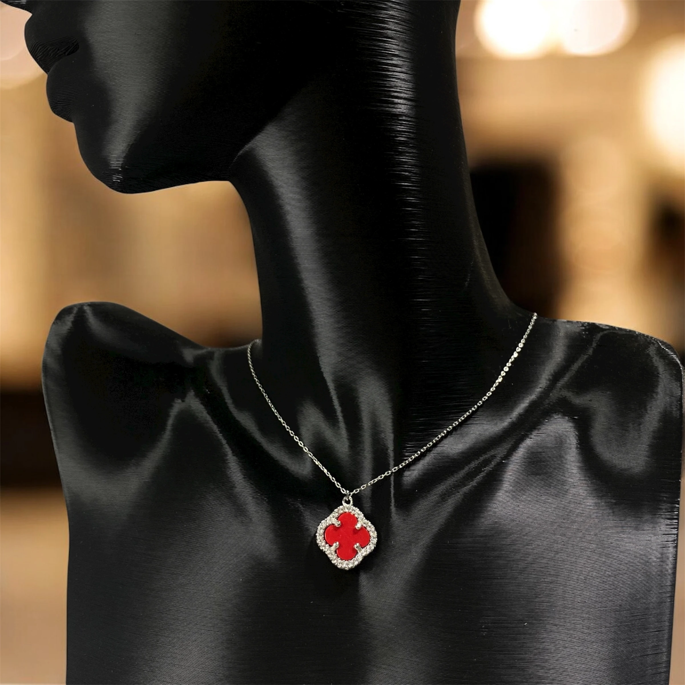 925 Ayar Gümüş Kırmızı Taşlı Şans Yoncası Van Cleef Zirkon Taşlı Kolye Kadın Takı