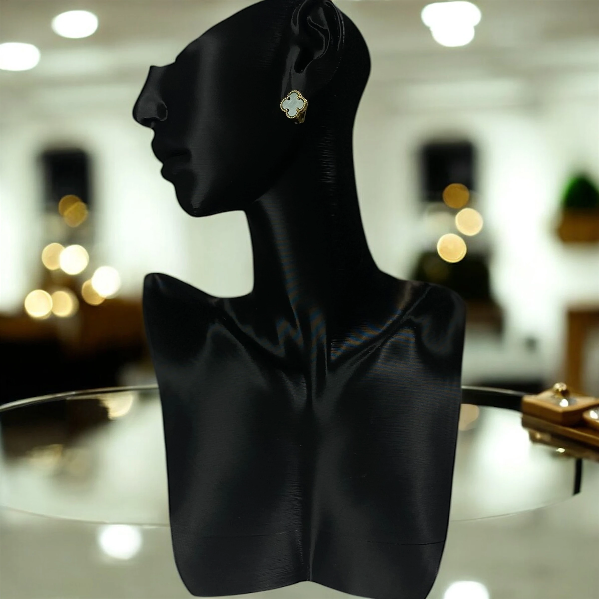 925 Ayar Gümüş Altın Kaplama Malahit Taşlı Şanslı Yonca Van Cleef Küpe