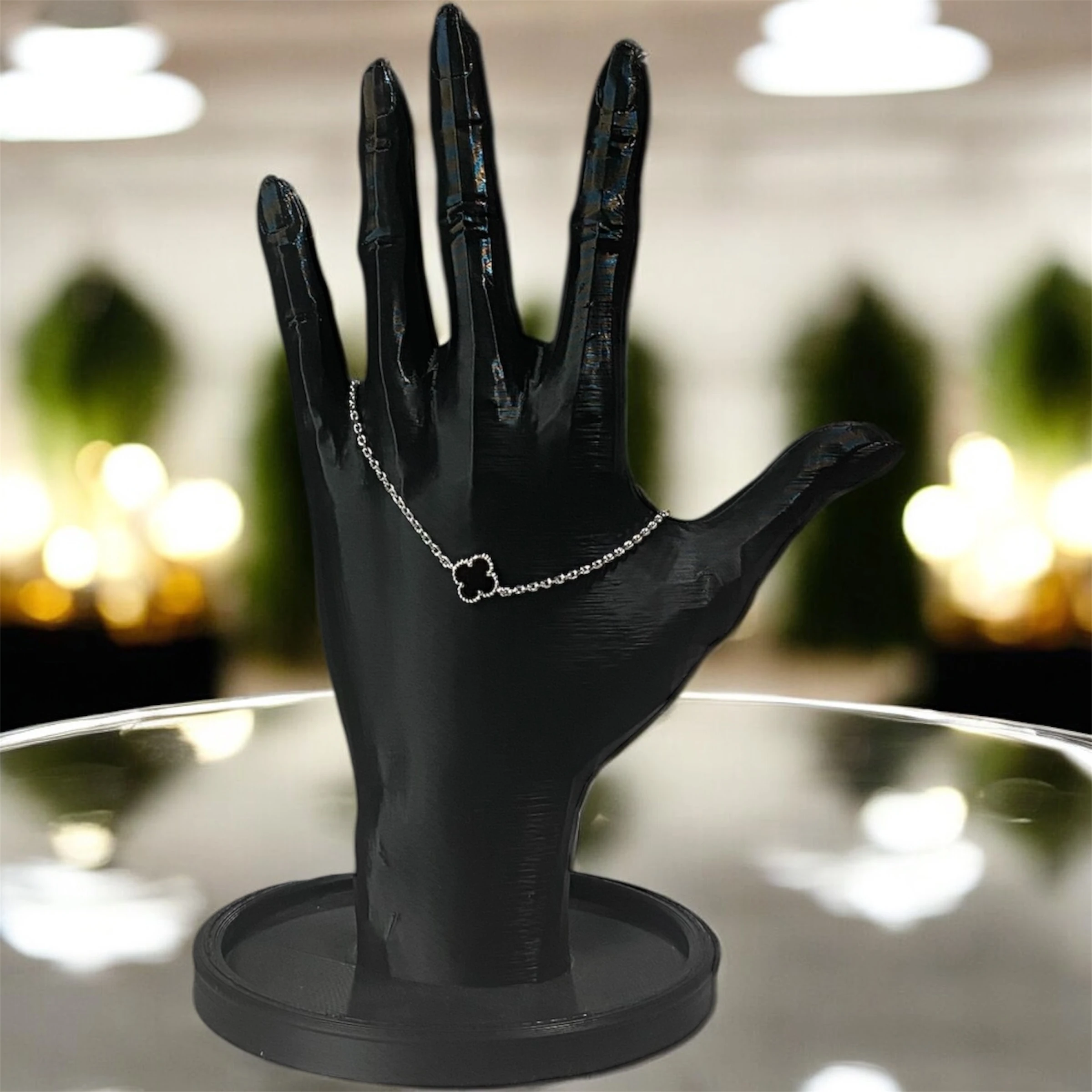 925 Ayar Gümüş Siyah Taşlı Tekli Şanslı Yonca Van Cleef Minimalist Bileklik