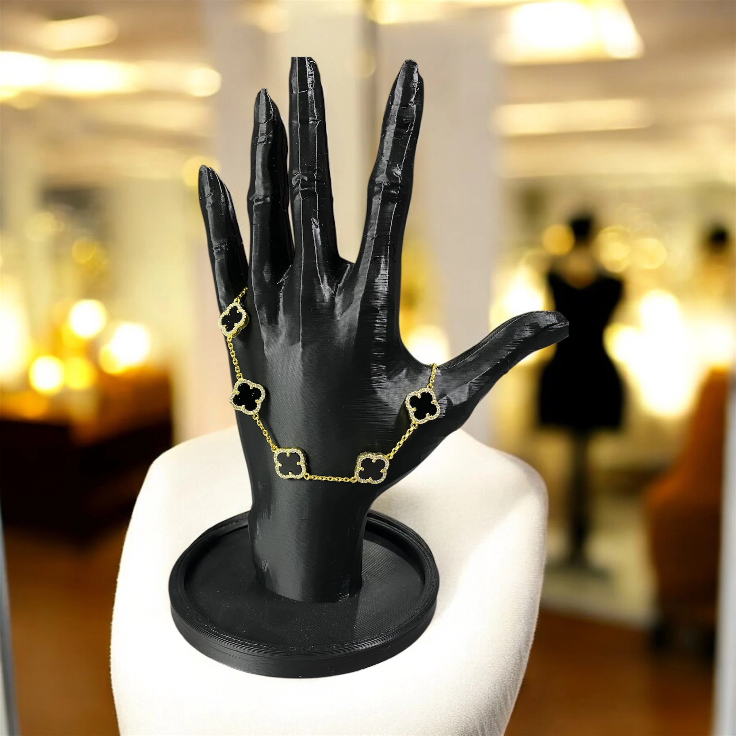 925 Ayar Gümüş Altın Kaplama Siyah Taşlı Şanslı Yonca Van Cleef Zirkon Taşlı Bileklik