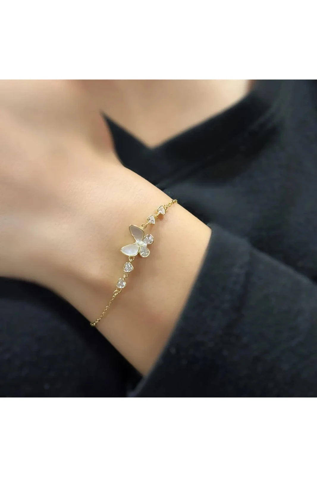 925 Ayar Gümüş Gold Kaplama Doğal Taşlı Kelebek Bileklik