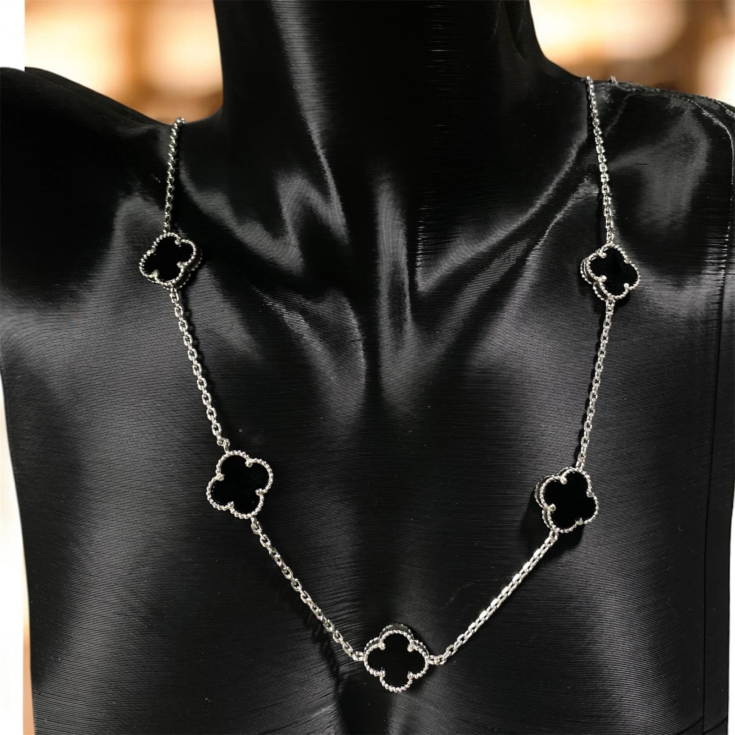 925 Ayar Gümüş Siyah Taşlı Şans Yoncası Van Cleef  Kolye Kadın Takı