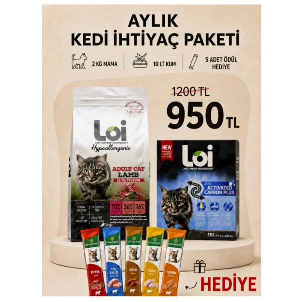 Loi Aylık Kedi İhtiyaç Paketi – 2 KG Kuzulu Mama + 10 LT Kum + 5’li Karışık Ödül Maması