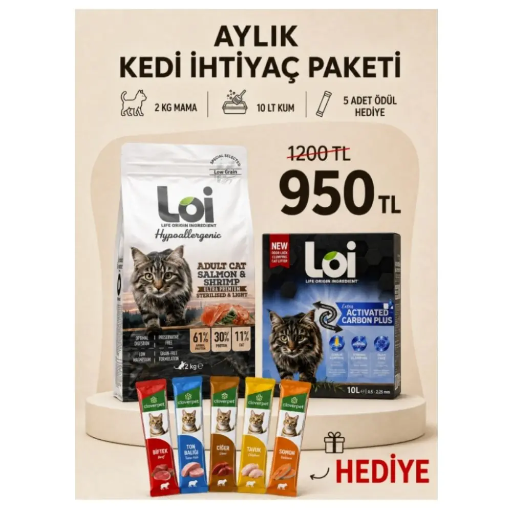 Loi Aylık Kedi İhtiyaç Paketi – 2 KG Kısır Somon Ve Karides Mama + 10 KG Kum + 5’li Karışık Ödül Maması