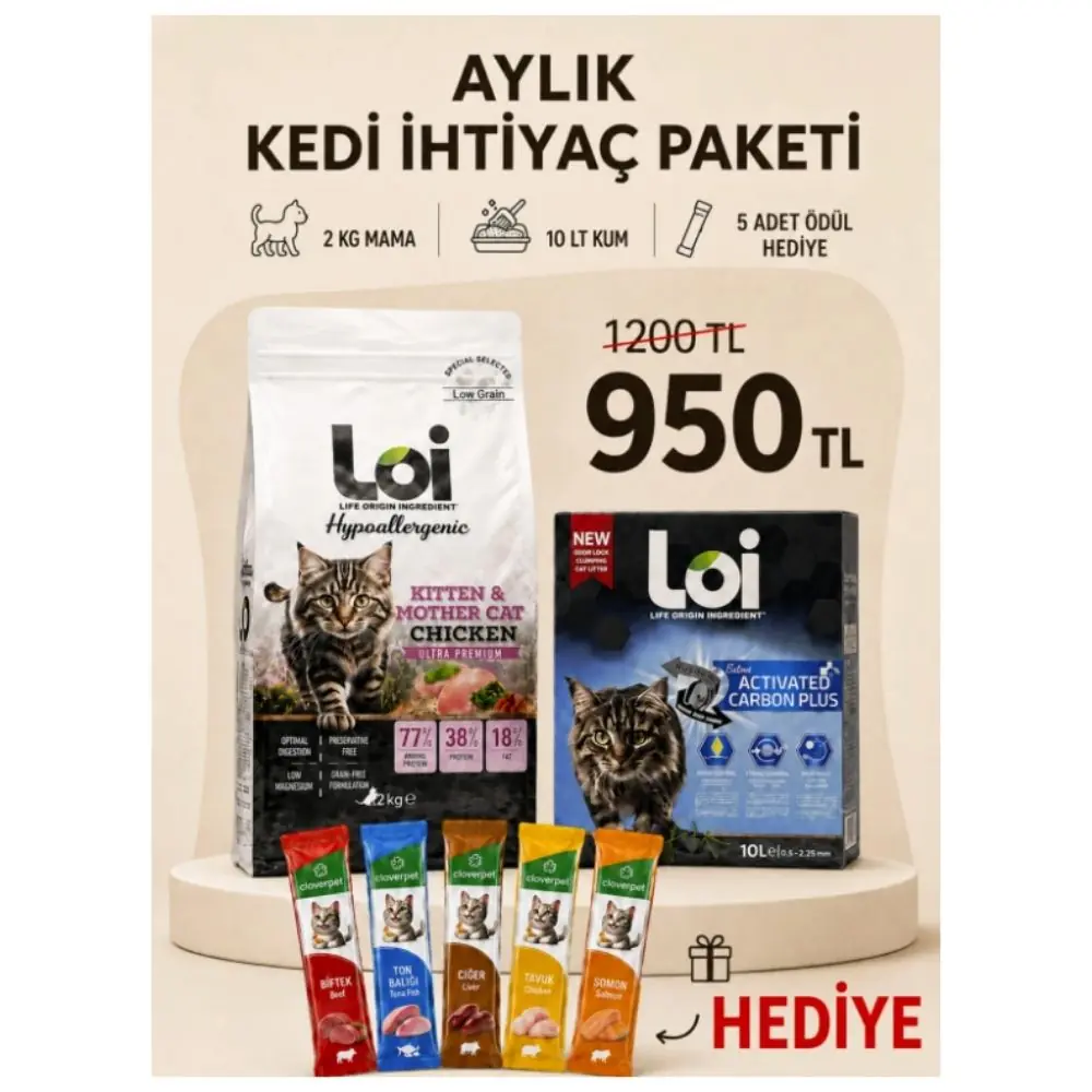 Loi Aylık Kedi İhtiyaç Paketi – 2 KG Yavru Ve Anne Tavuklu Mama + 10 KG Kum + 5’li Karışık Ödül Maması