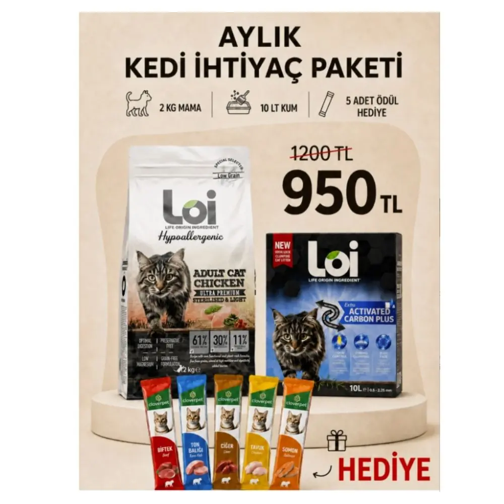 Loi Aylık Kedi İhtiyaç Paketi – 2 KG Kısır Tavuklu Mama + 10 LT Kum + 5’li Karışık Ödül Maması