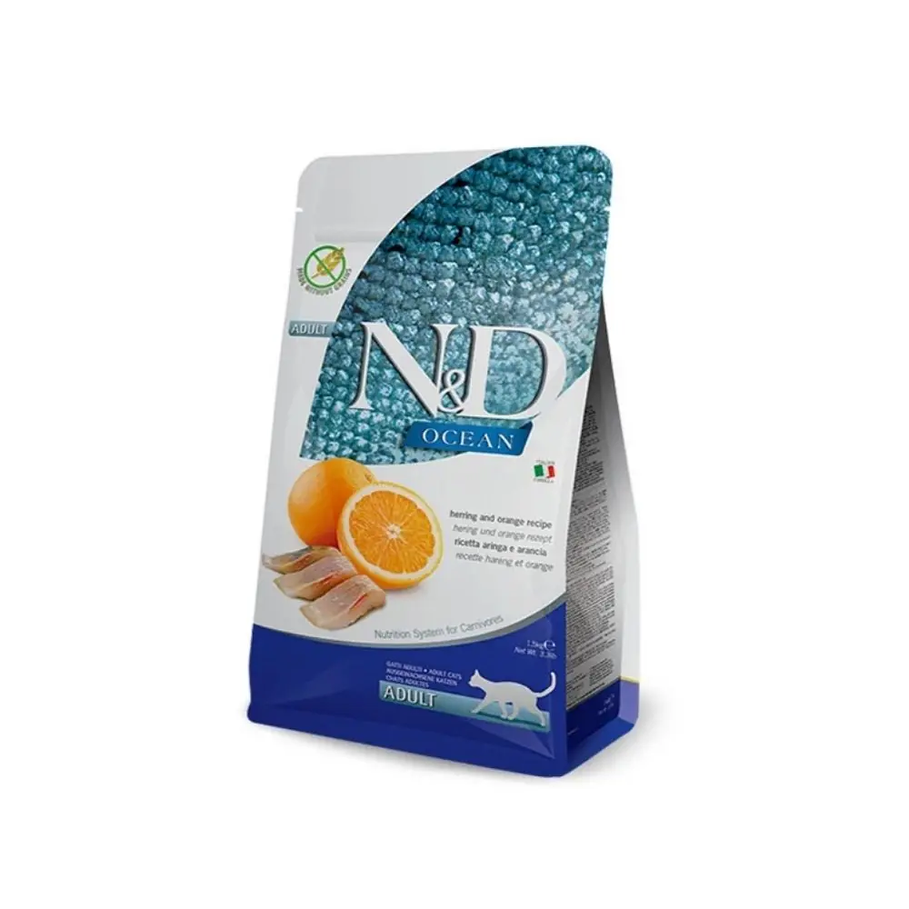 N&D Ocean Ringa Balığı Portakallı Tahılsız Yetişkin Kedi Maması 1,5 Kg