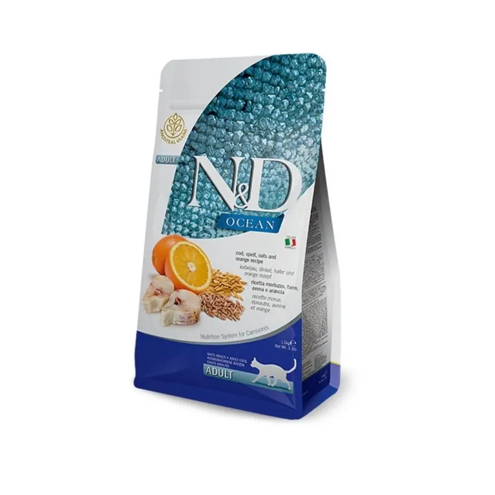 N&D Ocean Düşük Tahıllı Morina Balığı ve Portakallı Yetişkin Kedi Maması 1,5 Kg