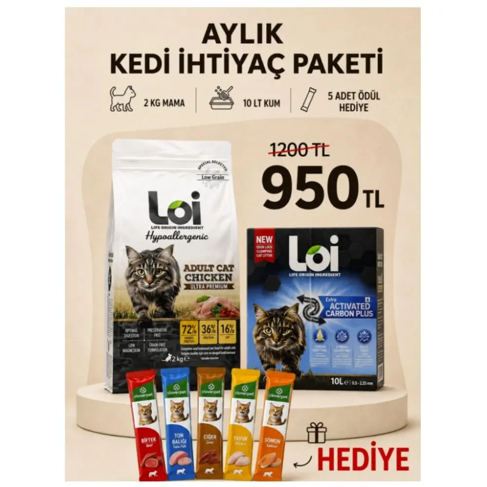 Loi Aylık Kedi İhtiyaç Paketi – 2 KG Tavuklu Mama + 10 LT Kum + 5’li Karışık Ödül Maması