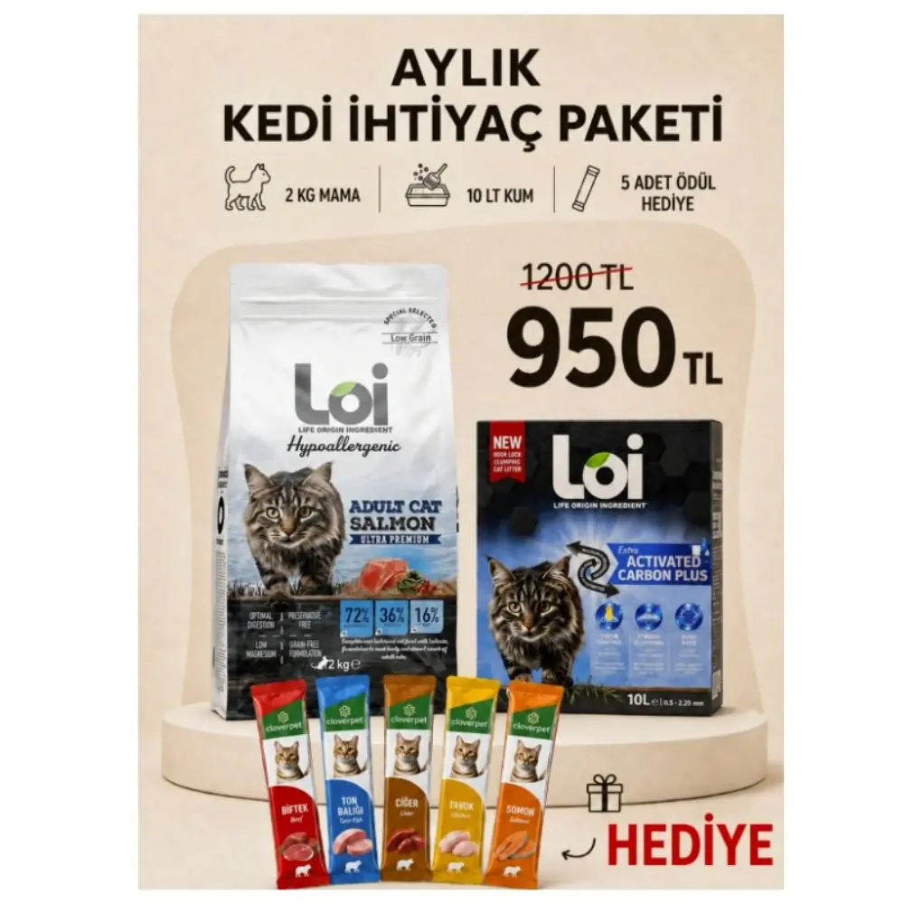 Loi Aylık Kedi İhtiyaç Paketi – 2 KG Somonlu Mama + 10 LT Kum + 5’li Karışık Ödül Maması