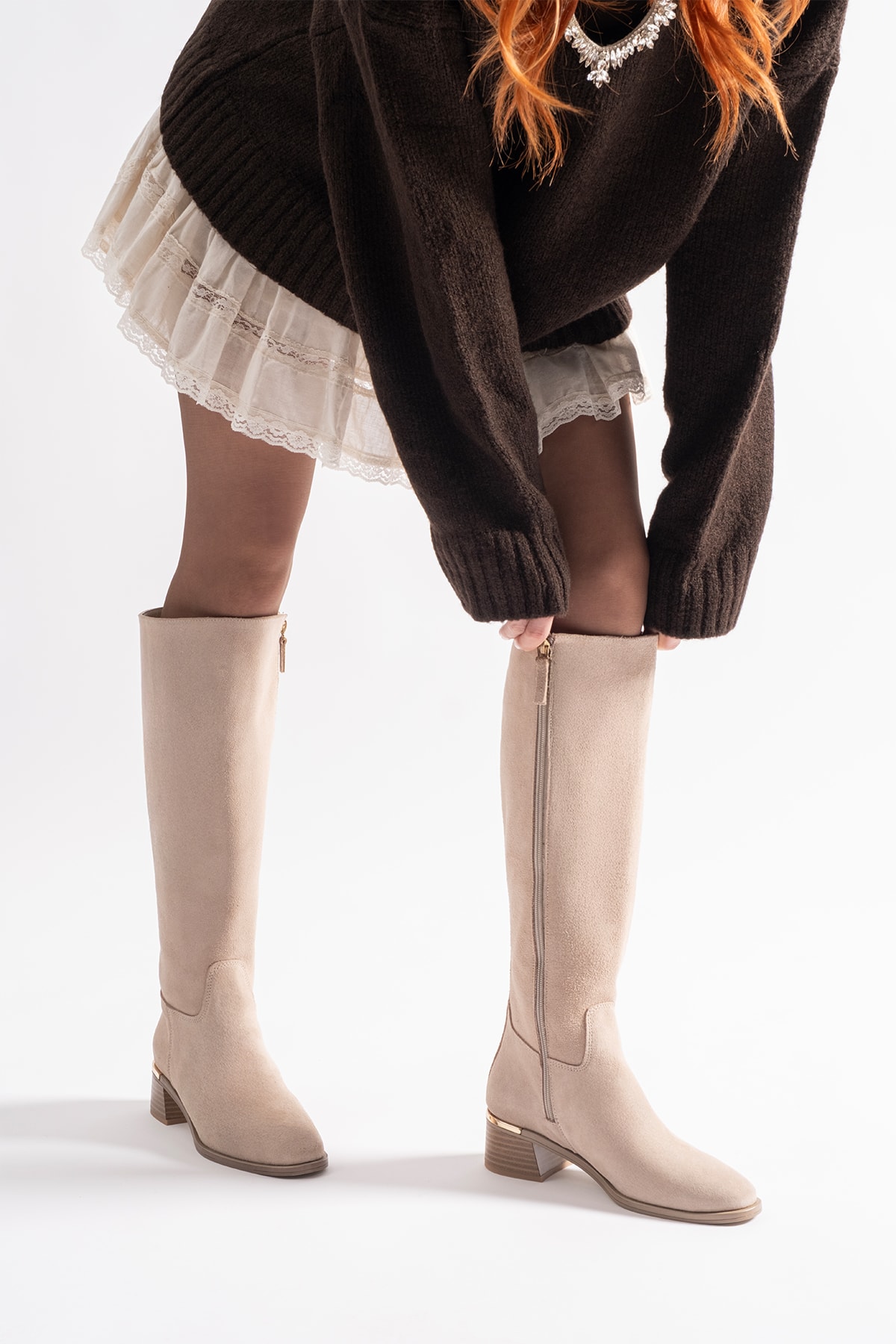 Mosby Bej Süet Deri Kadın Çizme