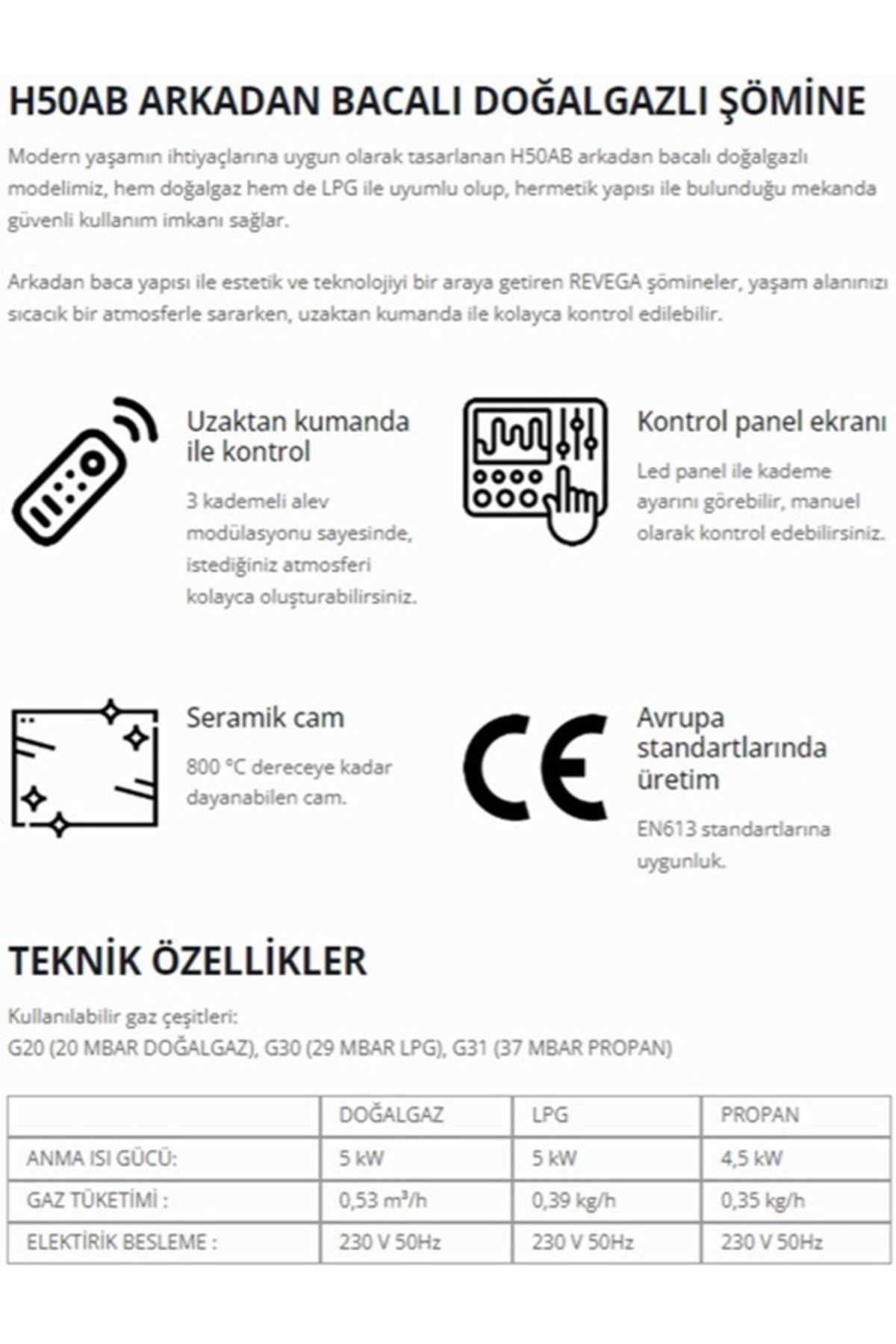 H50ab Uzaktan Kumandalı Hermetik Doğalgaz Soba Şömine Dekoratif Gerçek Alevli