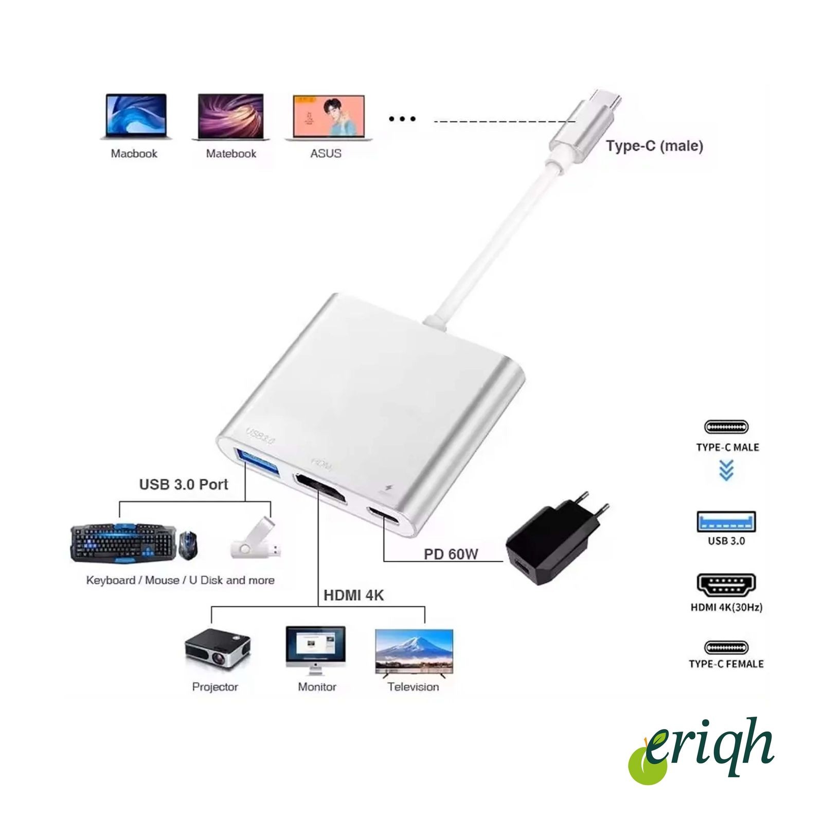 USB-C Çoklayıcı | HDMI 4K + USB 3.0 + Type-C PD | 3'ü 1 Arada Dönüştürücü Adaptör