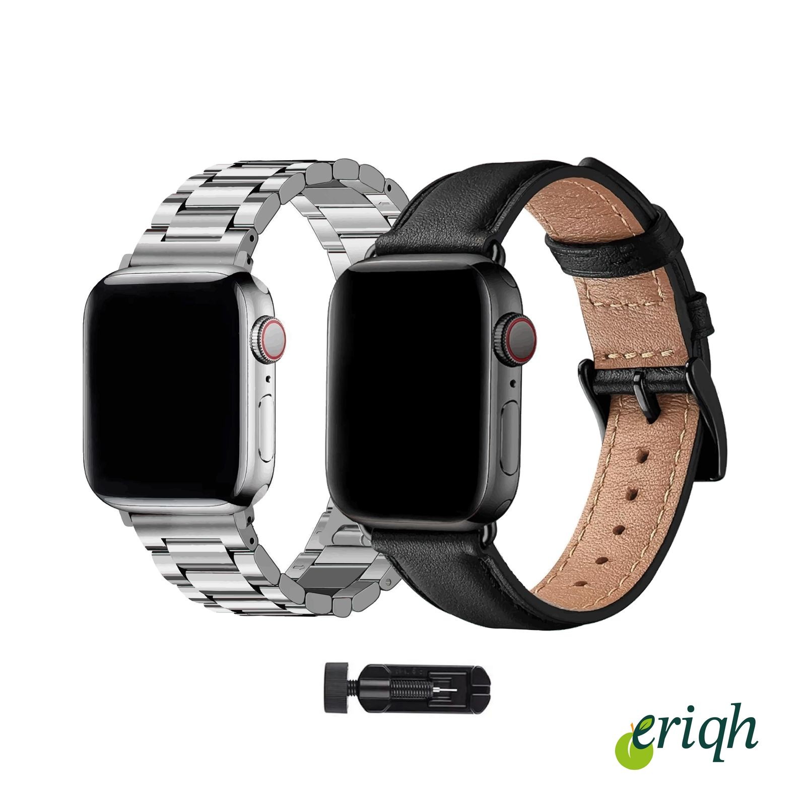 Apple Watch 38-40-41-(42mm10.nesil) uyumlu Deri Kordon-Metal Kordon 2'li Set