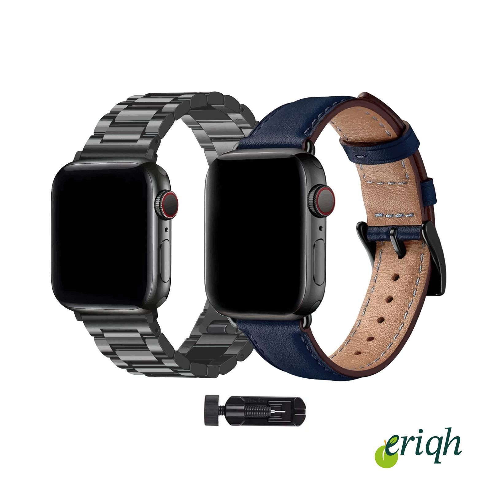 Apple Watch 42-44-45-49mm uyumlu Deri Kordon-Metal Kordon 2'li Set