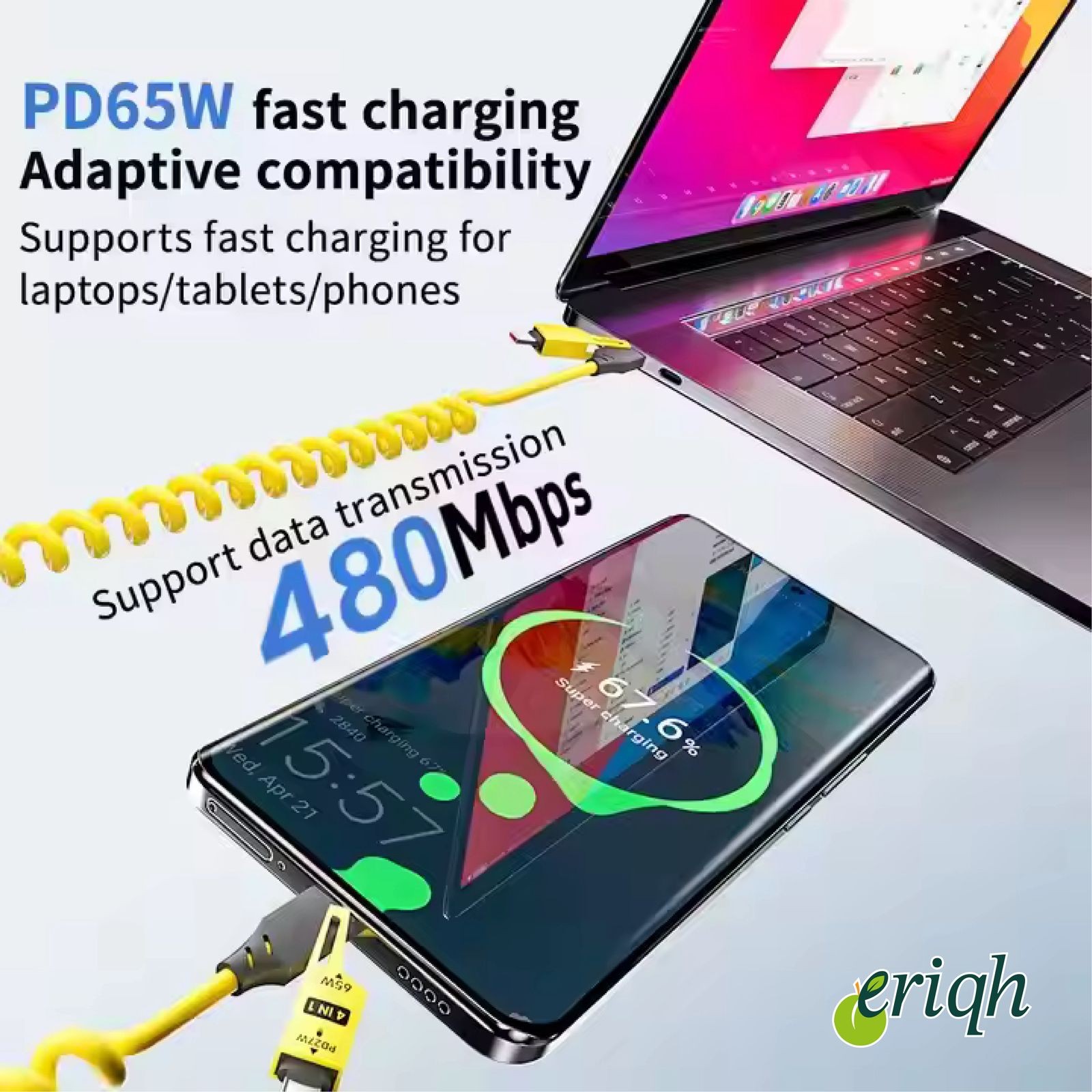 4'ü 1 Arada Geri Çekilebilir Yaylı Hızlı Şarj Kablosu PD 65W USB-C–Type-C–iPhone Süper Hızlı Şarj