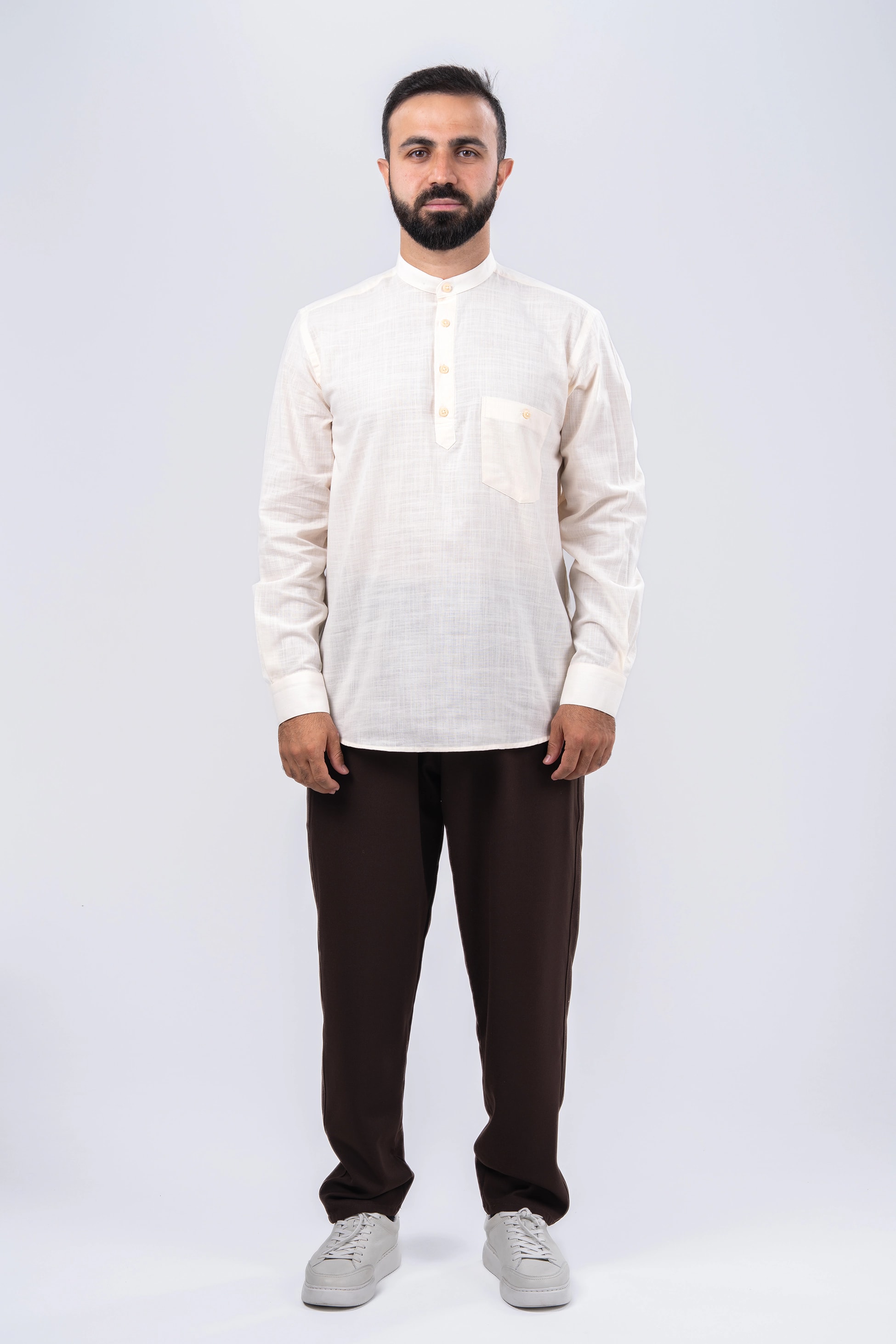 Krem 4 Düğme Gömlek & Şalvar Kombin