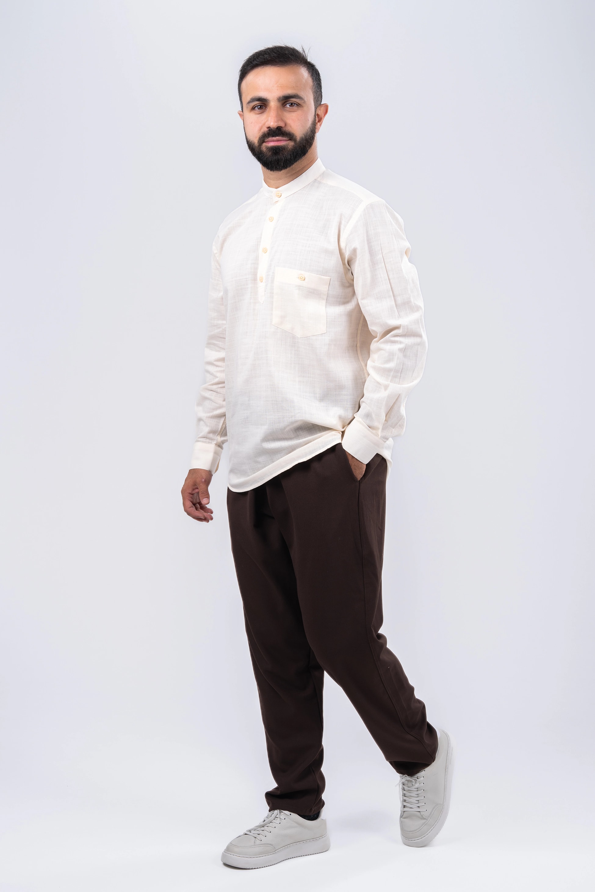 Krem 4 Düğme Keten Gömlek