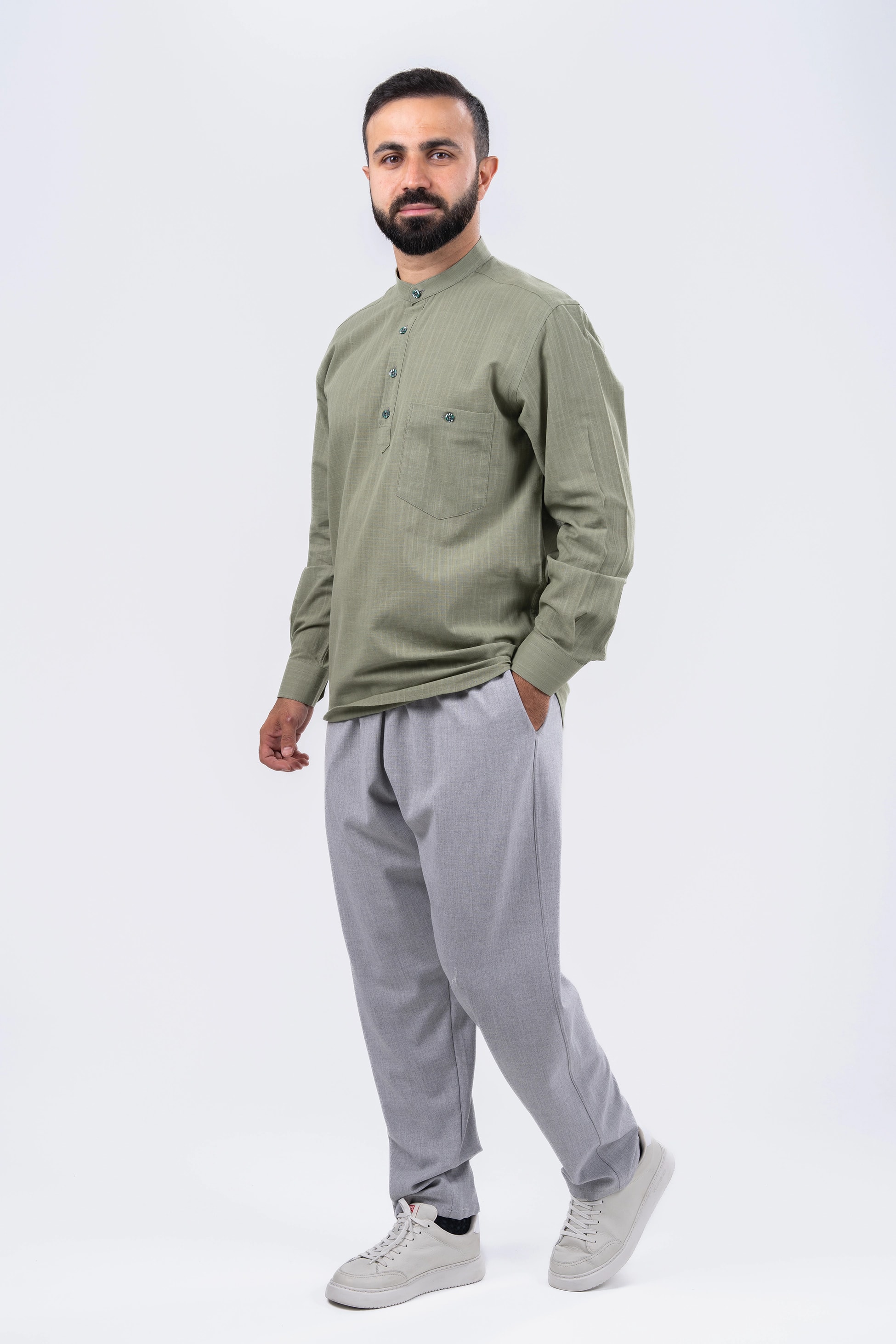 Haki 4 Düğme Gömlek & Şalvar Kombin