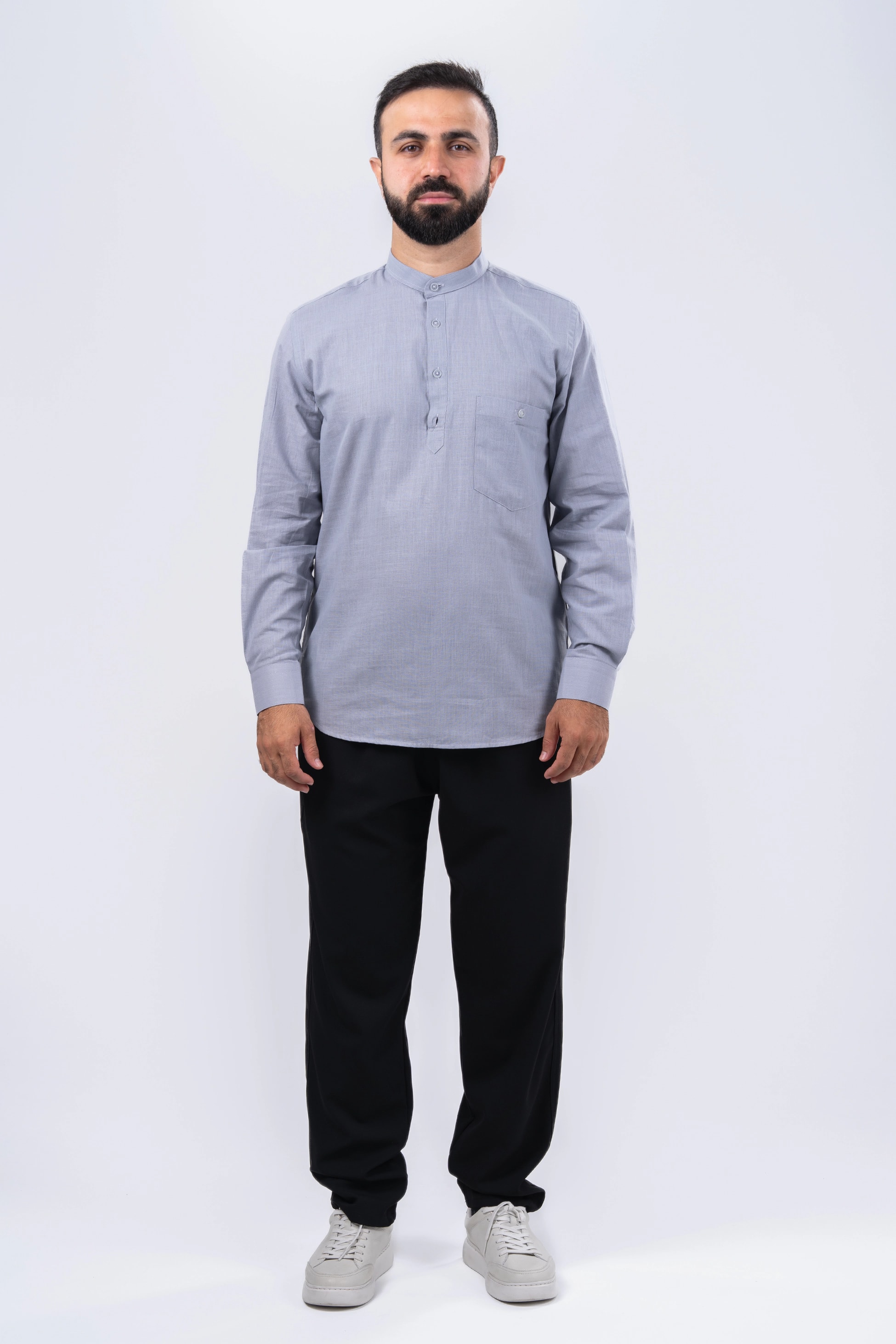 Gri 4 Düğme Keten Gömlek