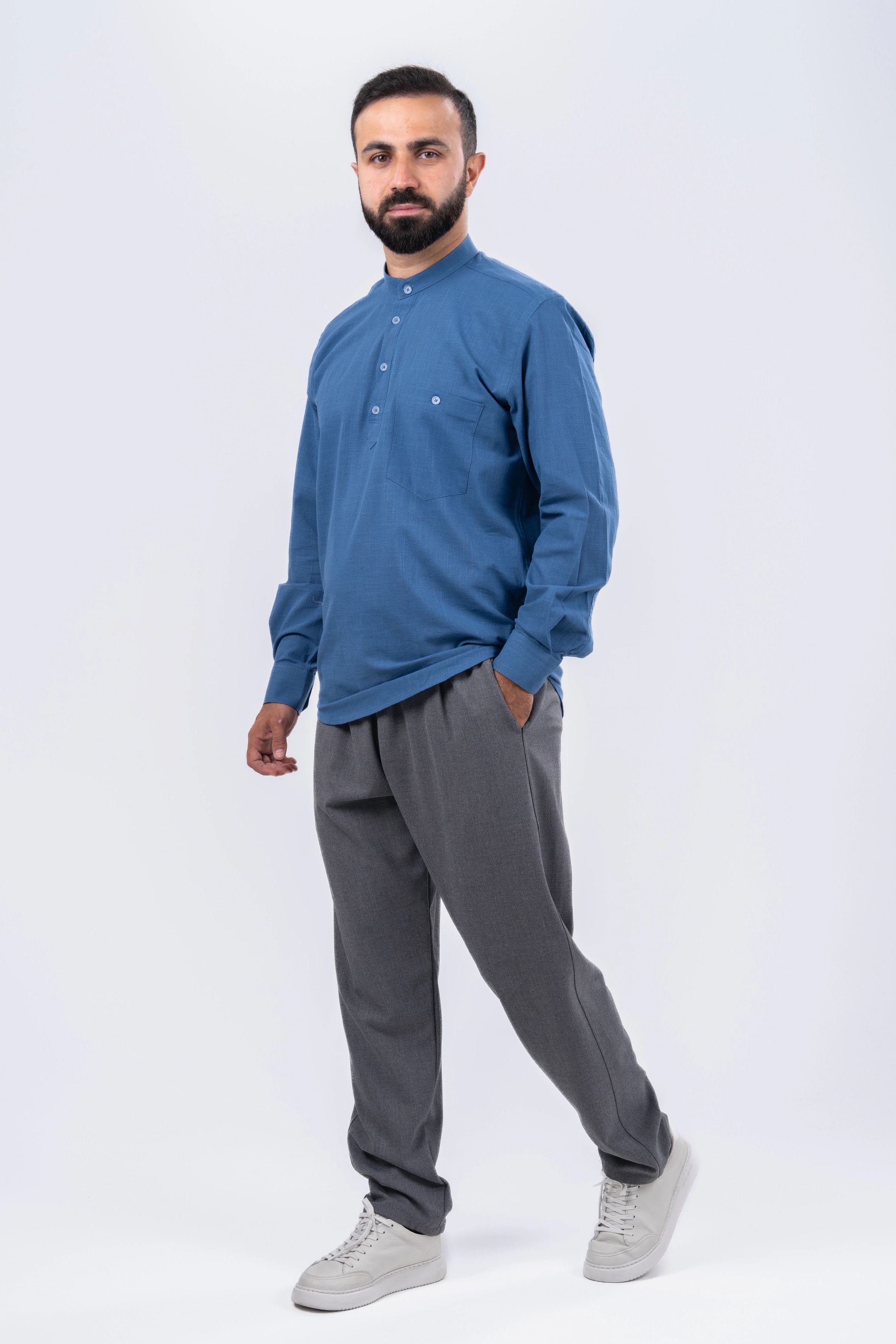 Mavi 4 Düğme Keten Gömlek