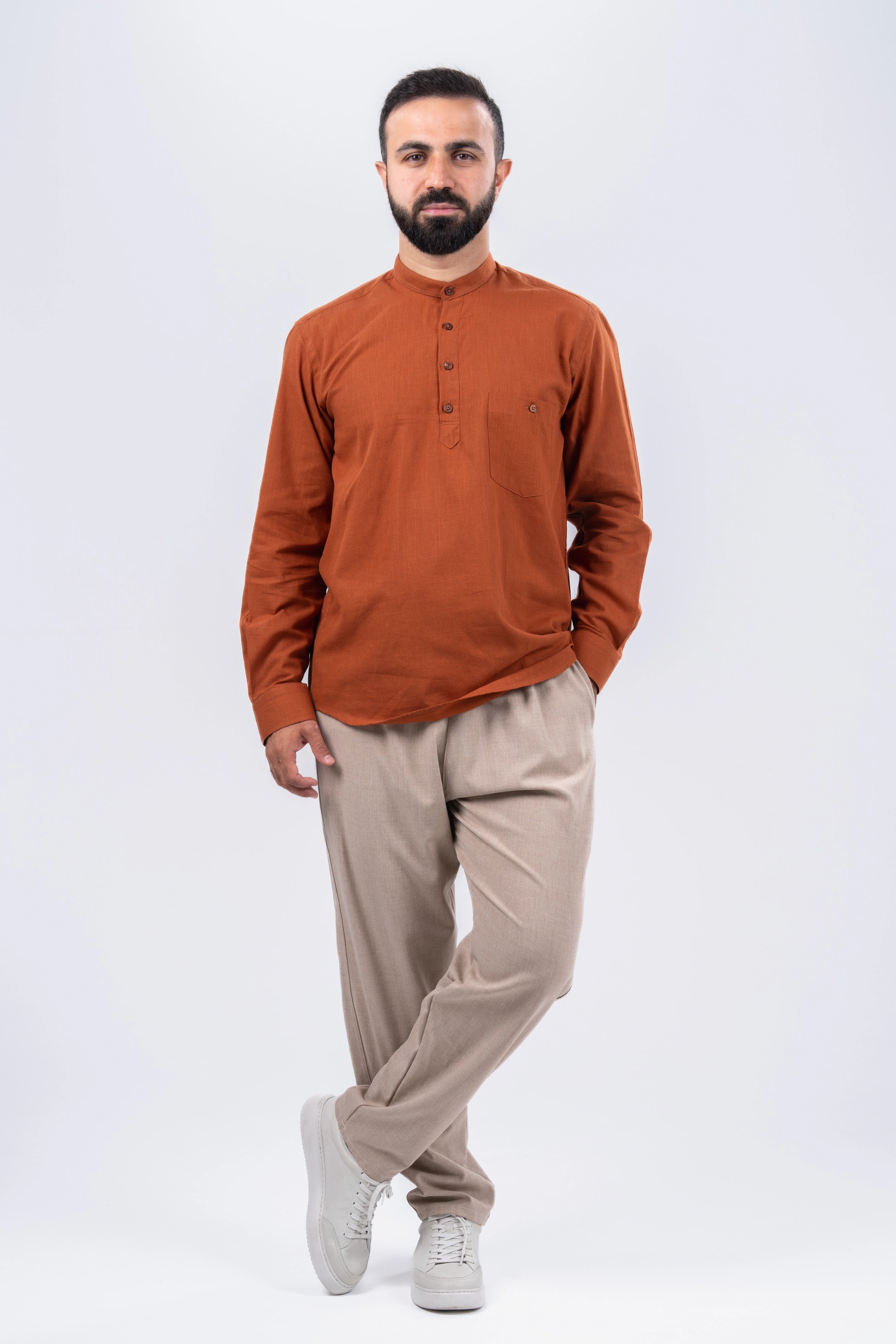 Kiremit 4 Düğme Keten Gömlek