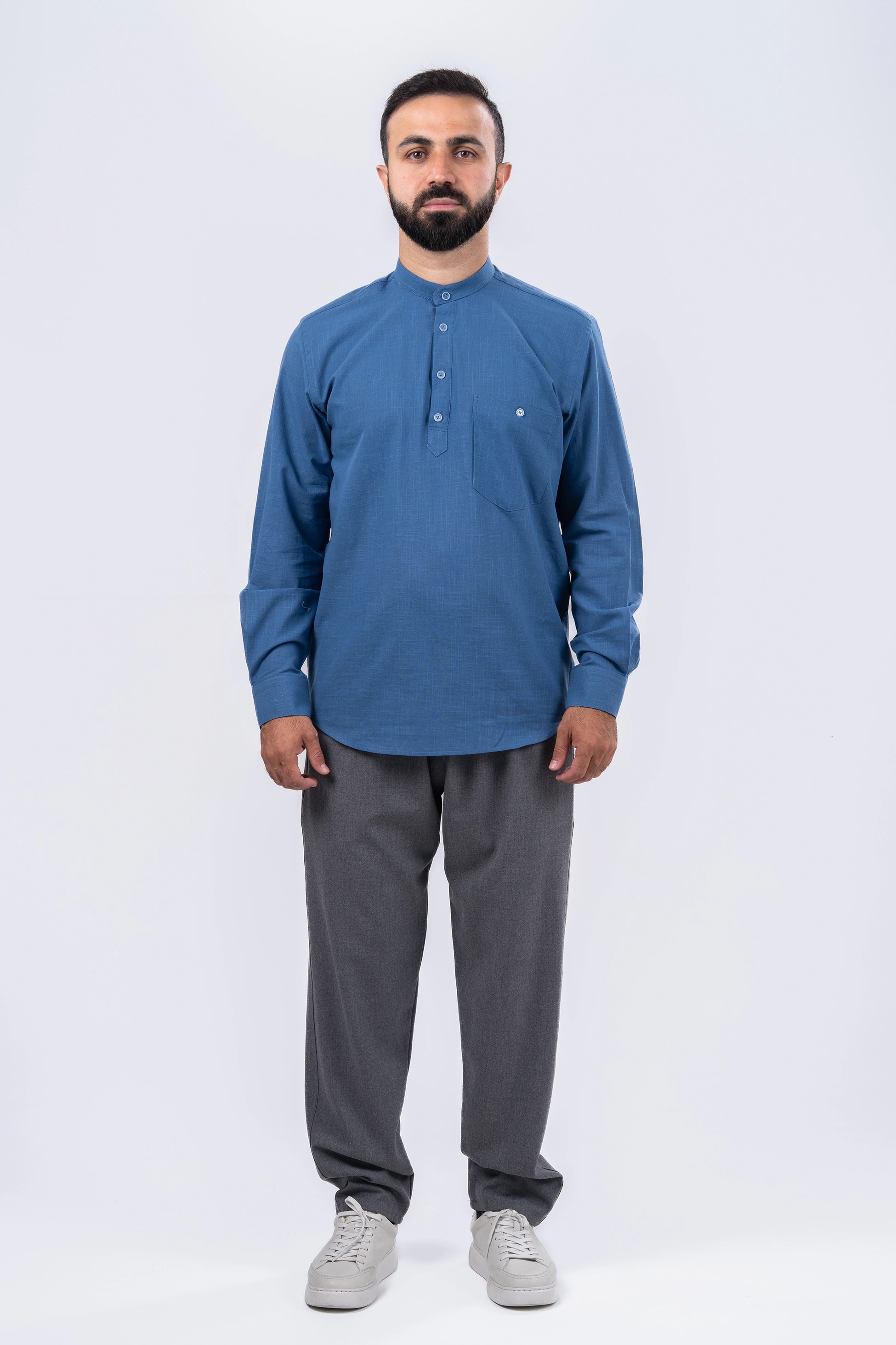 Mavi 4 Düğme Gömlek & Şalvar Kombin