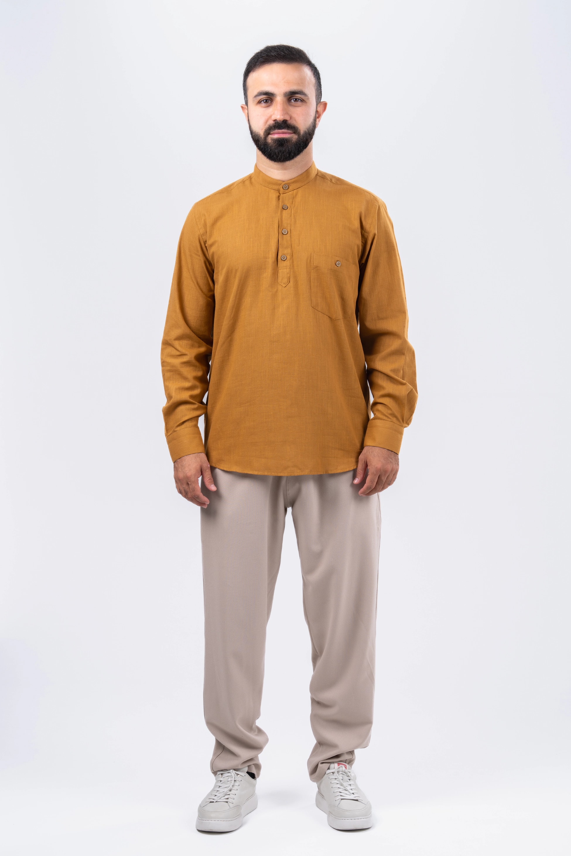 Hardal 4 Düğme Keten Gömlek