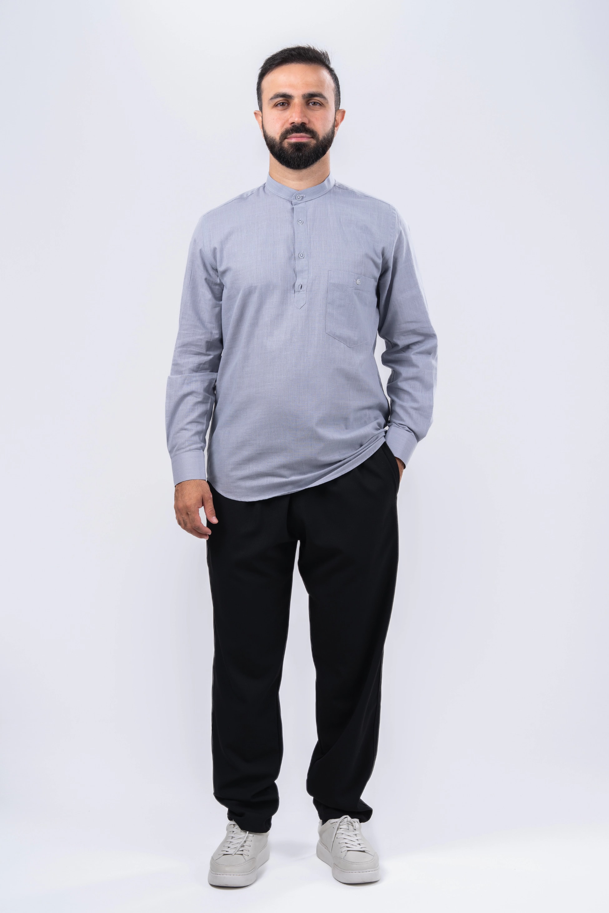 Gri 4 Düğme Keten Gömlek