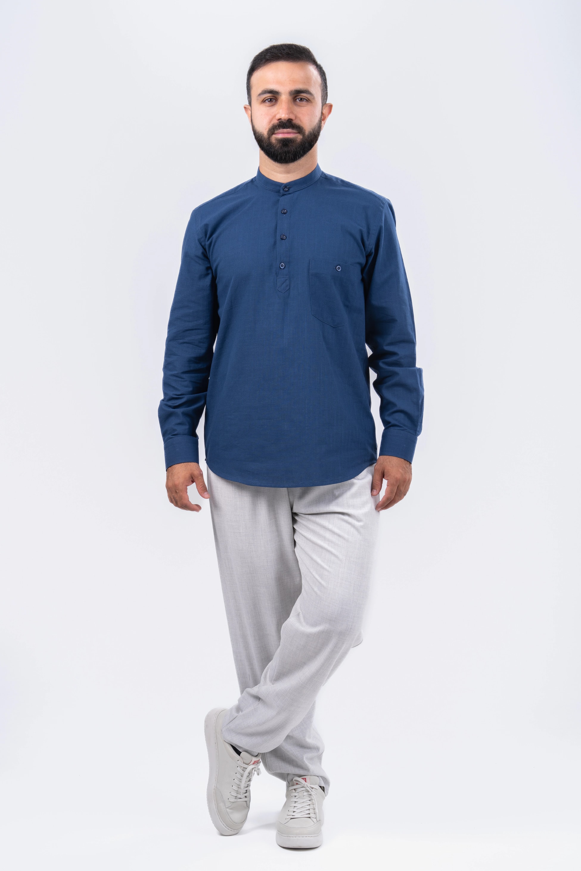 İndigo 4 Düğme Keten Gömlek