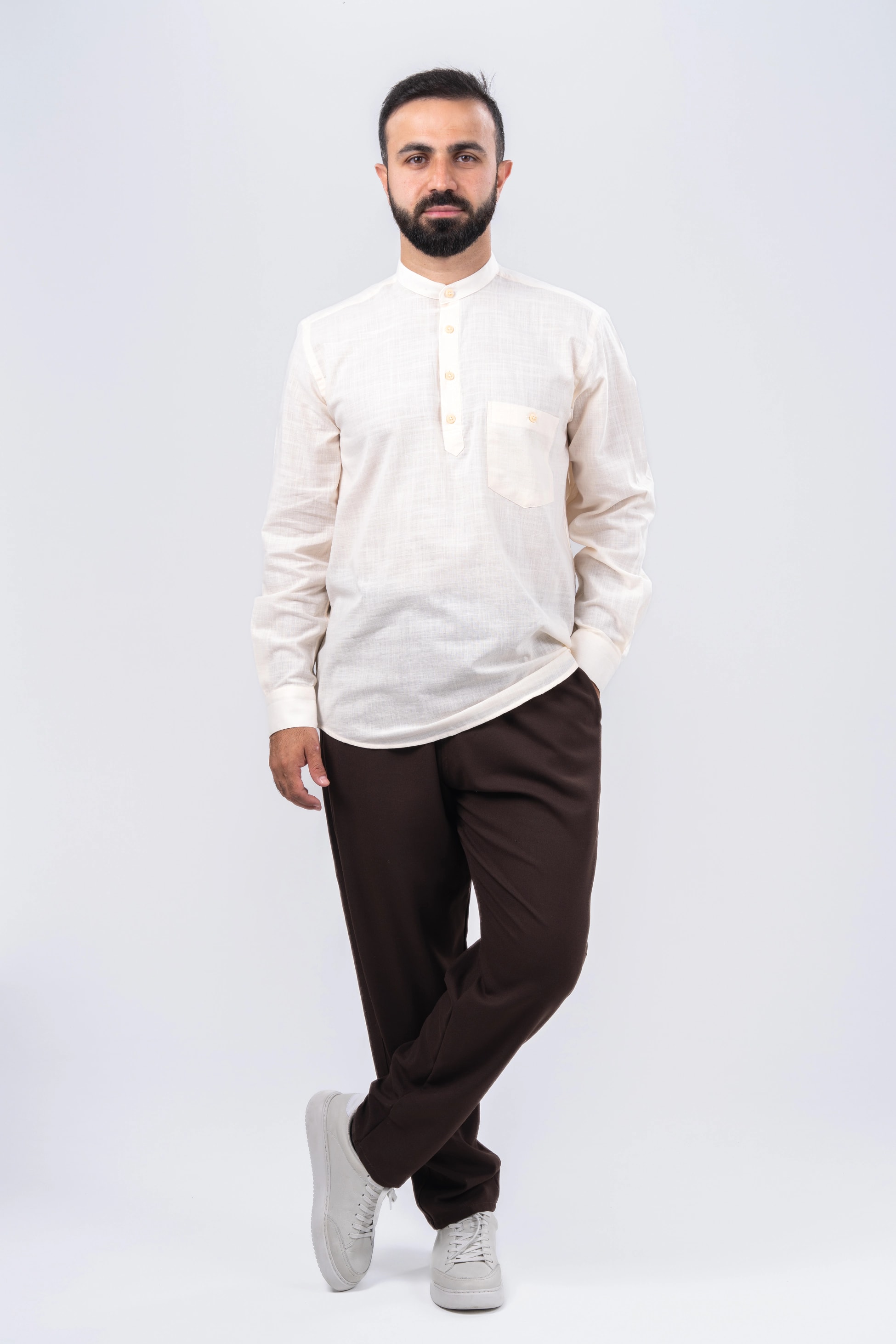 Krem 4 Düğme Gömlek & Şalvar Kombin