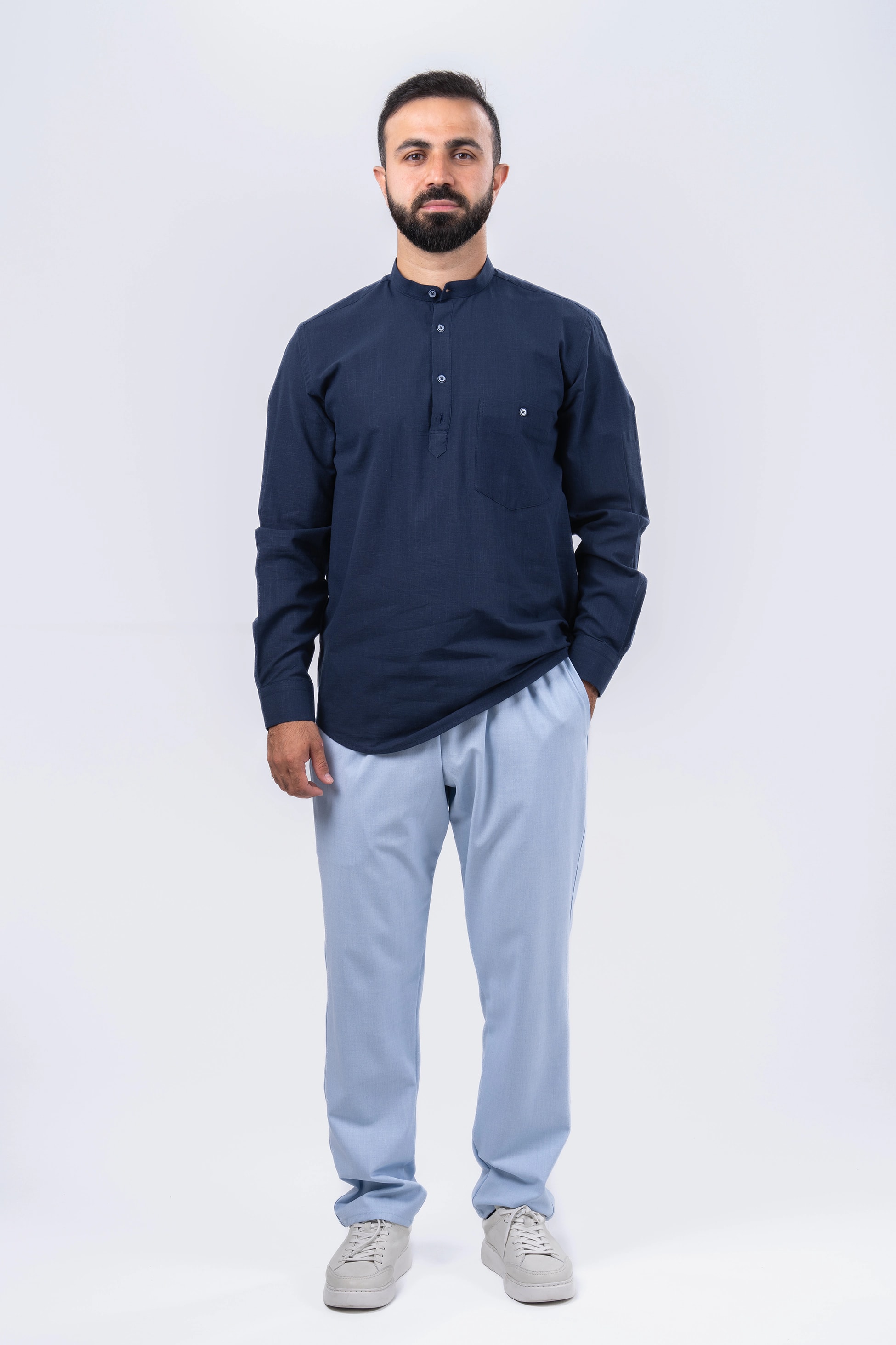 Lacivert 4 Düğme Keten Gömlek