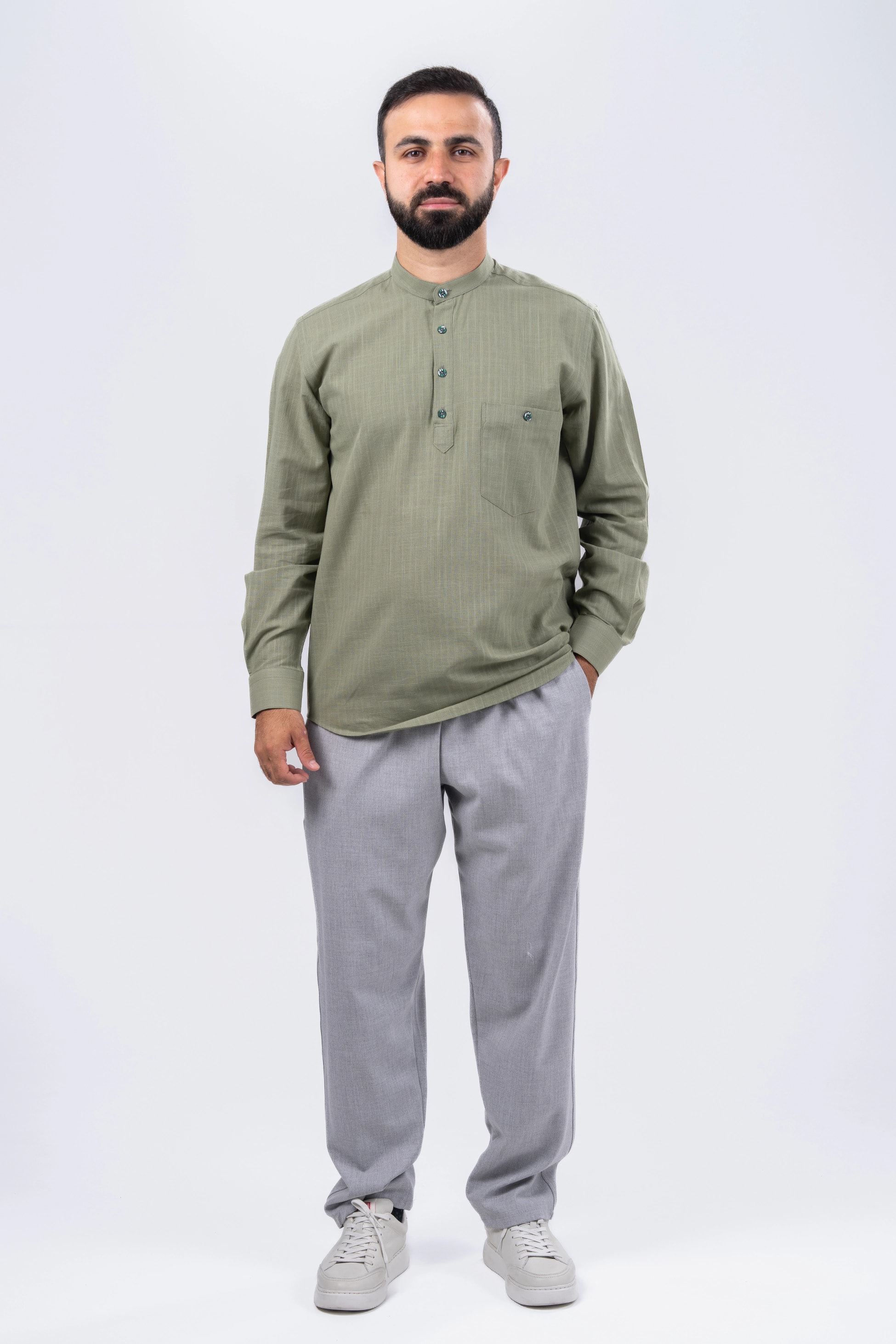 Haki 4 Düğme Keten Gömlek