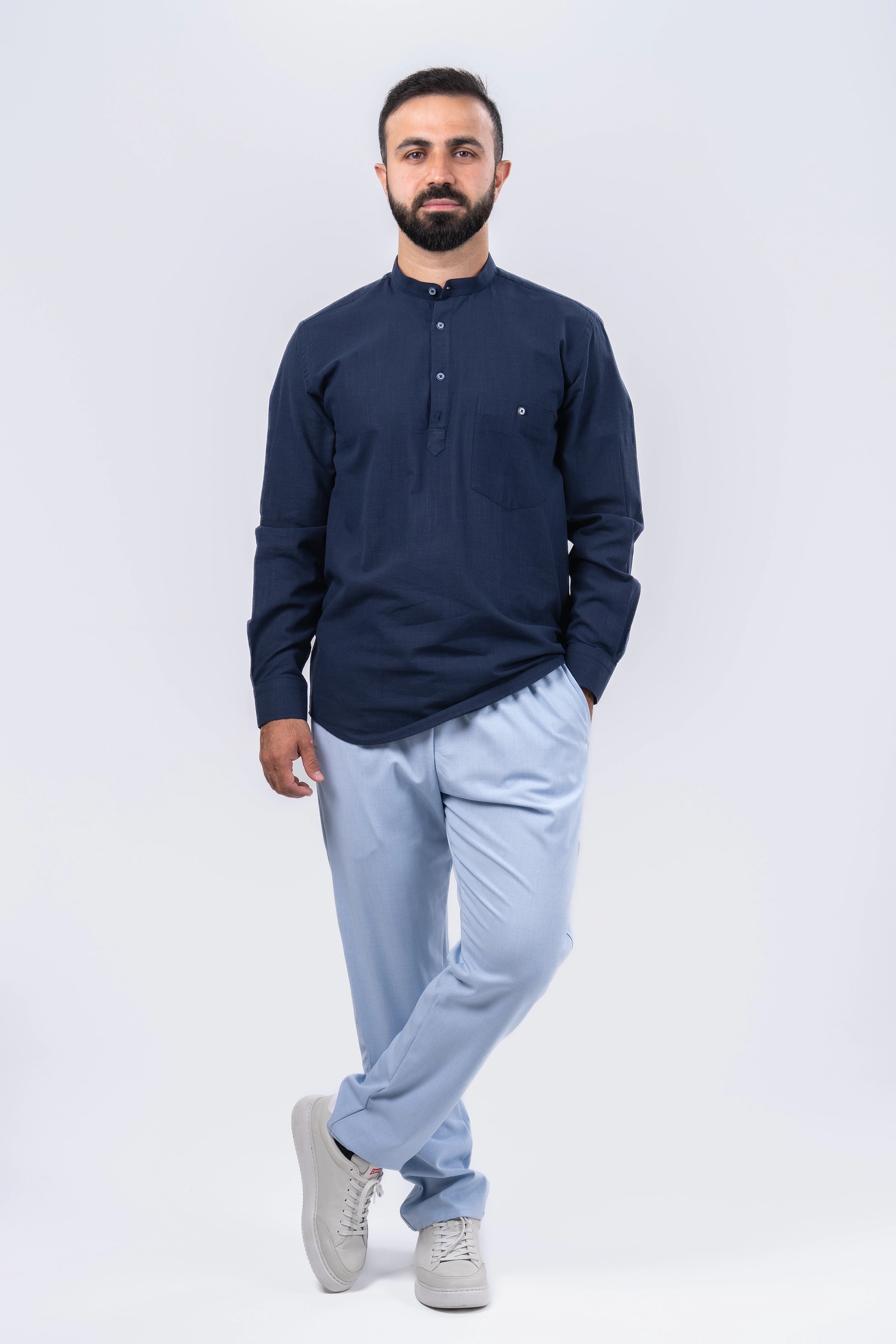 Lacivert 4 Düğme Gömlek & Şalvar Kombin