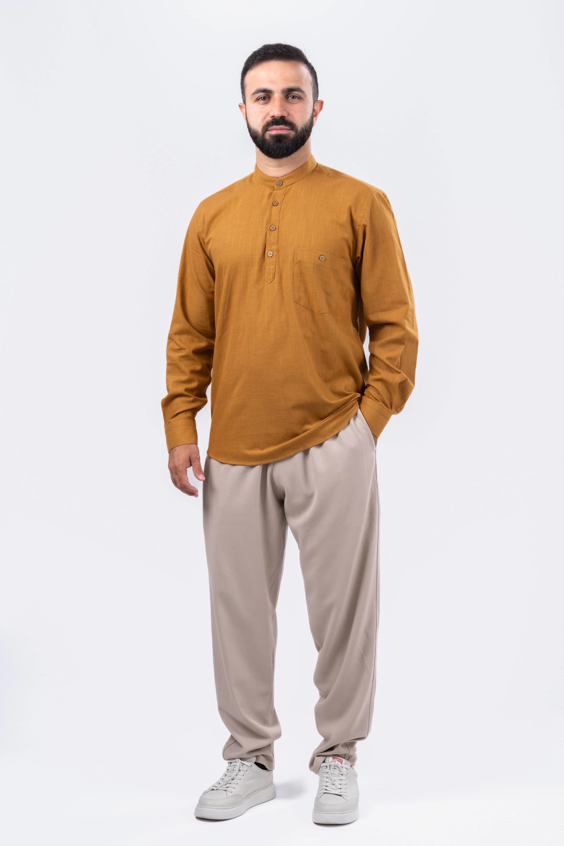 Hardal 4 Düğme Keten Gömlek