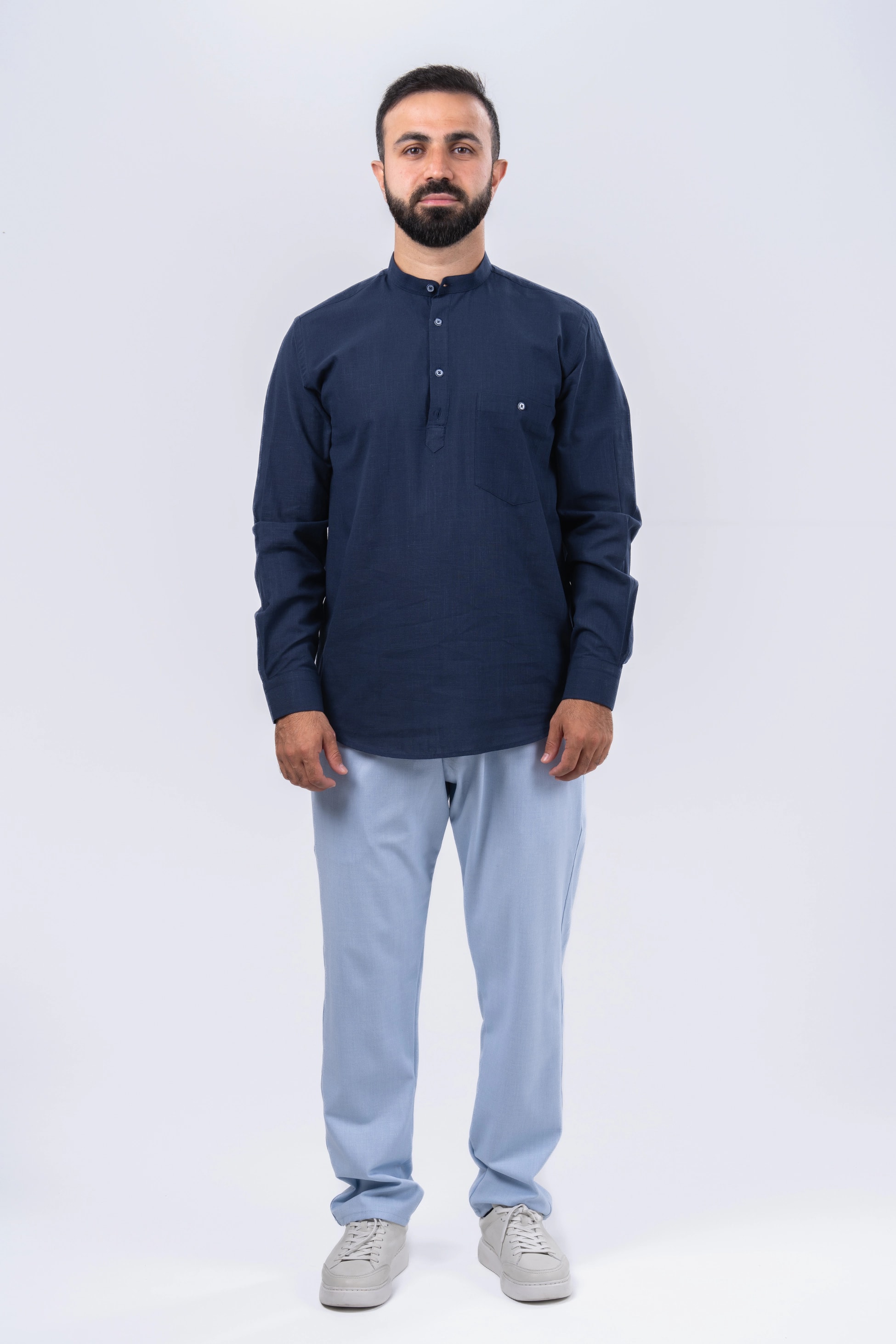 Lacivert 4 Düğme Keten Gömlek