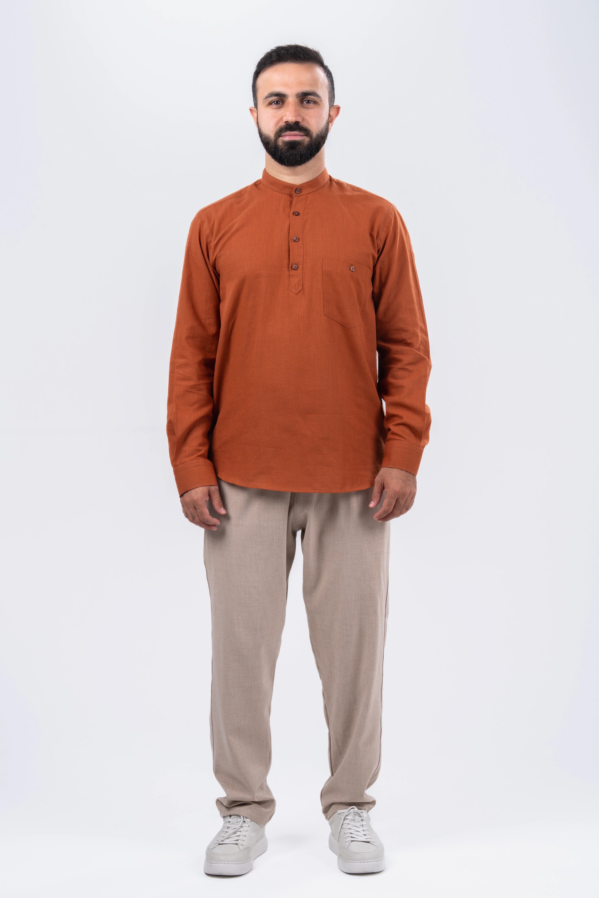 Kiremit 4 Düğme Keten Gömlek