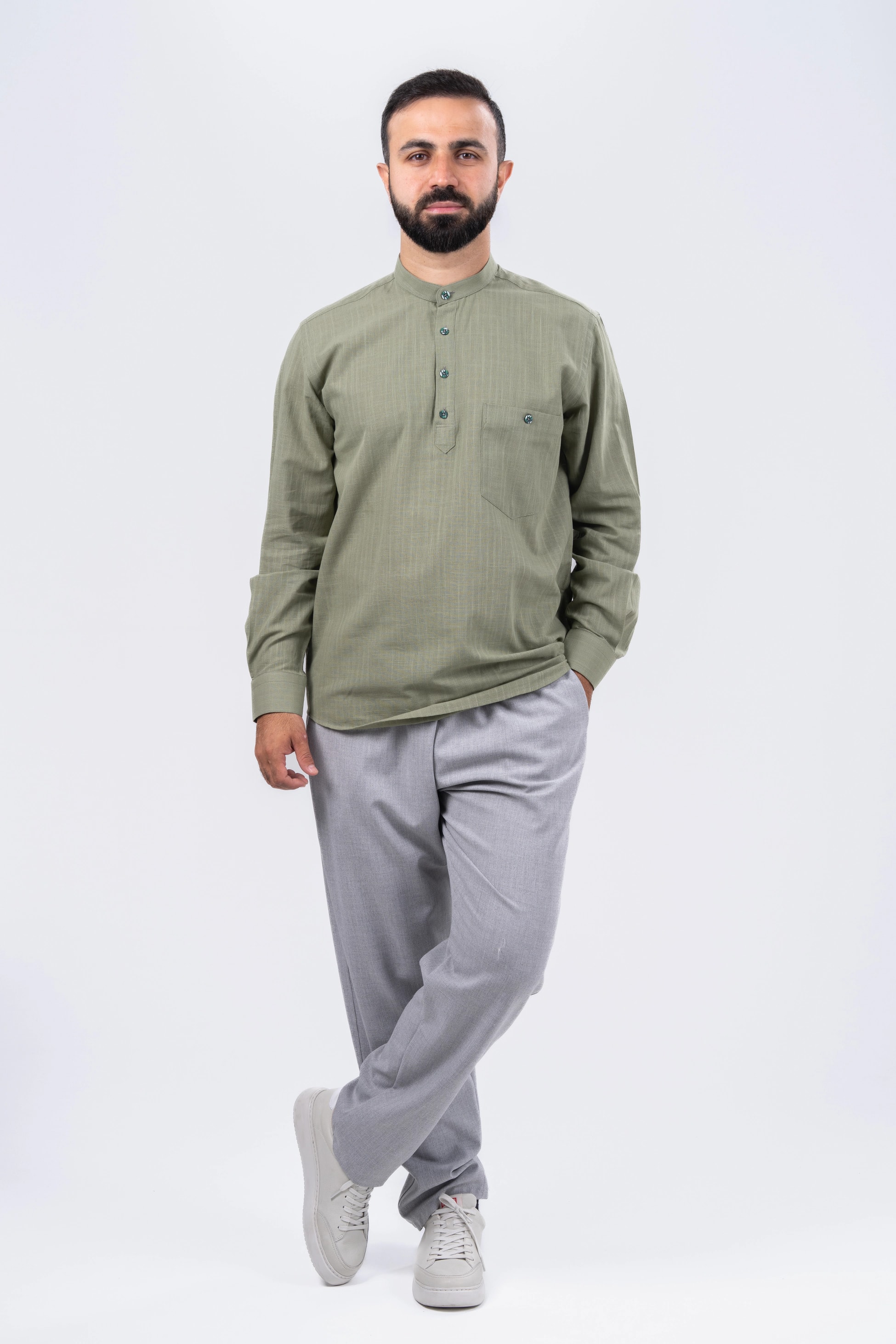 Haki 4 Düğme Gömlek & Şalvar Kombin