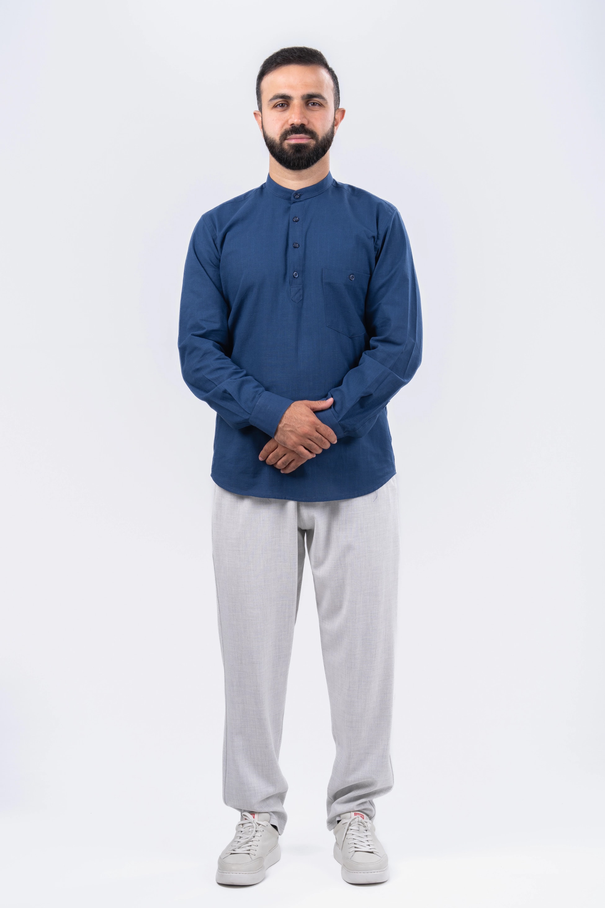 İndigo 4 Düğme Keten Gömlek