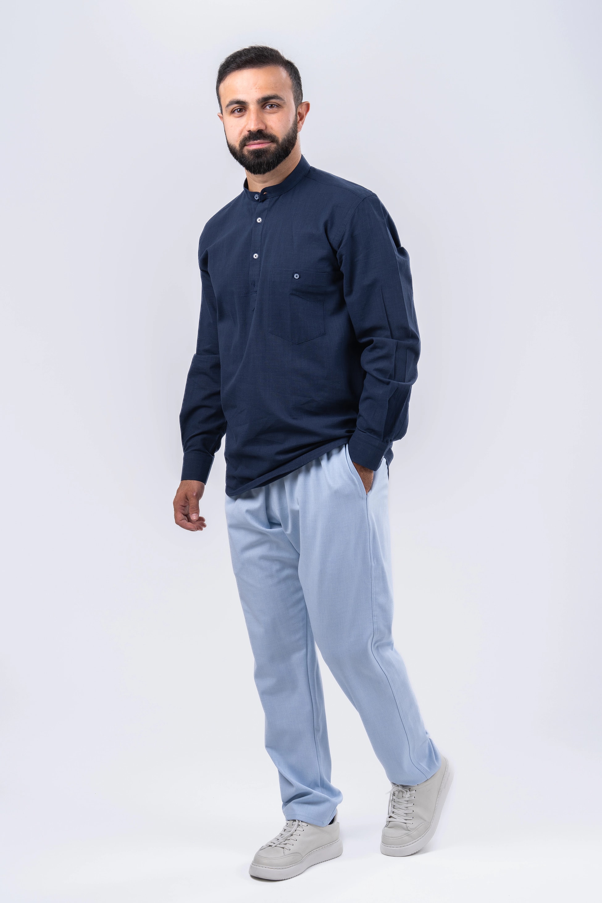 Lacivert 4 Düğme Gömlek & Şalvar Kombin